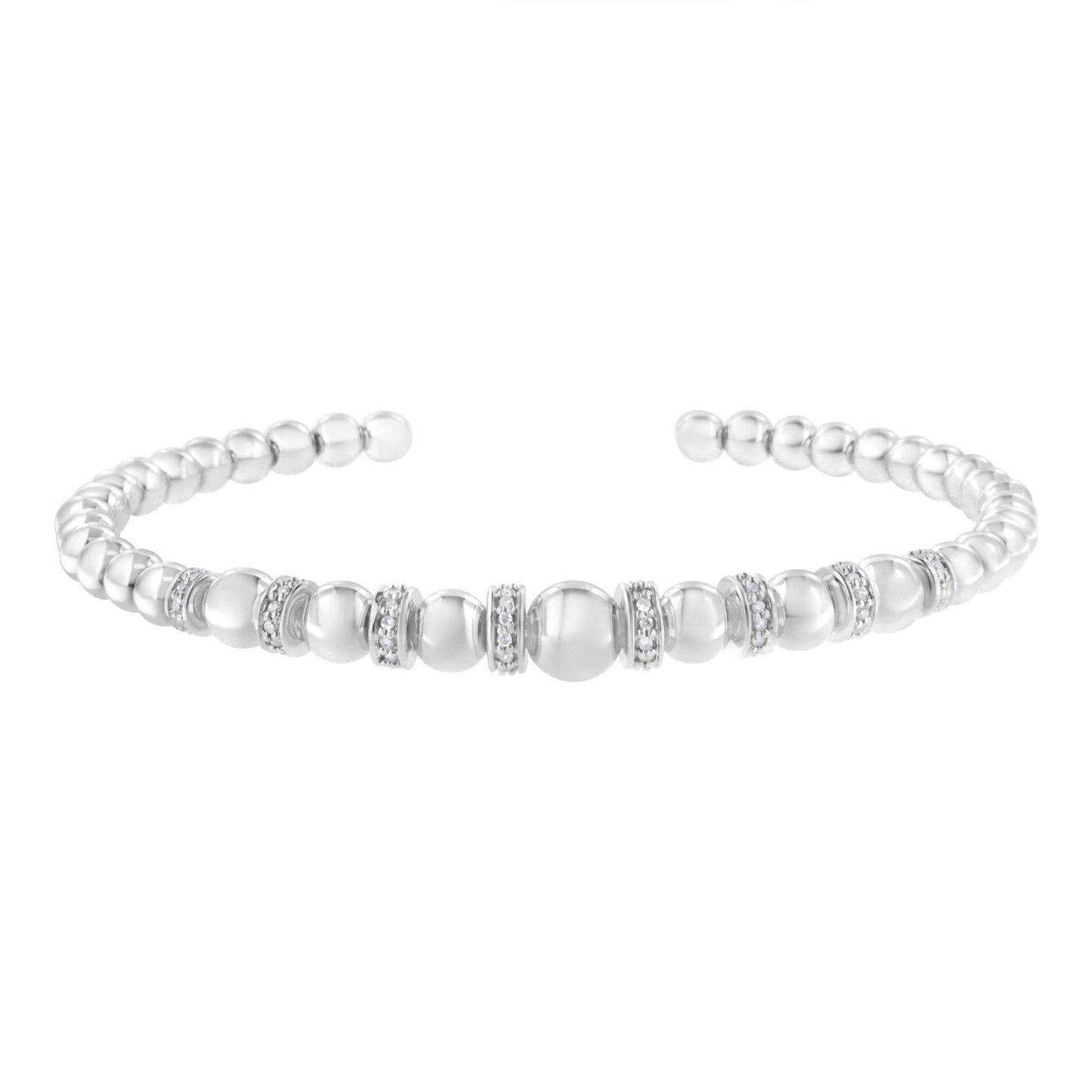 .925 Sterling Silver 1/4 Cttw Diamond Rondelle Graduated Ball Bead Cuff Bangle Bracelet (I-J color, I2-I3 clarity) - Fits wrists up to 7 1/2 inches - Bijoux-NYC Direct