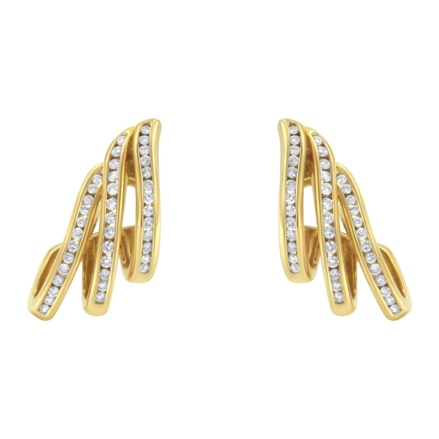 10K Yellow Gold 1.0 Cttw Round Brilliant Cut Diamond Spiral Multi Row Channel Set Open Hoop Pushback Stud Earrings (H-I Color, I1-I2 Clarity) - Bijoux-NYC Direct