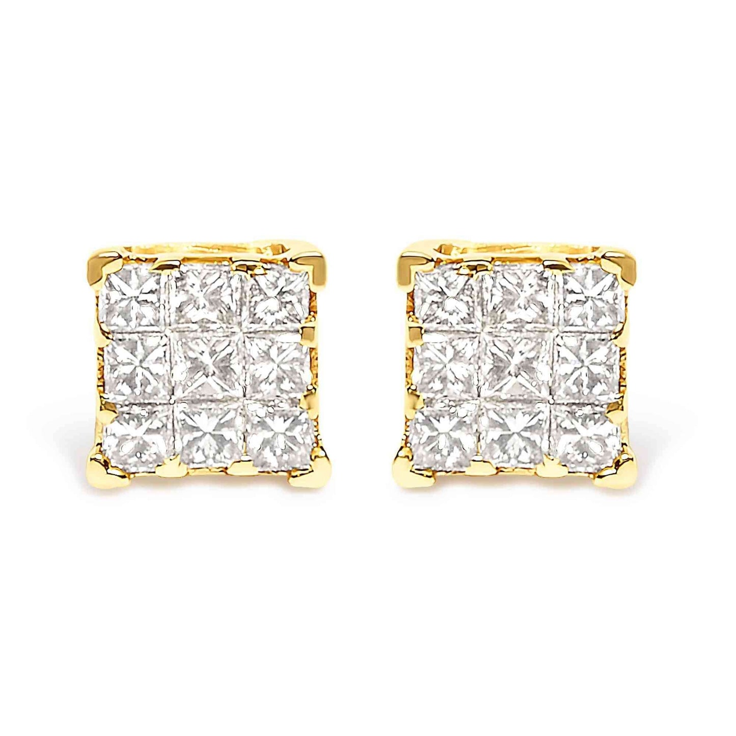 14K Yellow Gold 1/2 Cttw Invisible Set Princess-Cut Diamond 9 Stone Square Stud Earrings (J-K Color, SI2-I1 Clarity) - Bijoux-NYC Direct