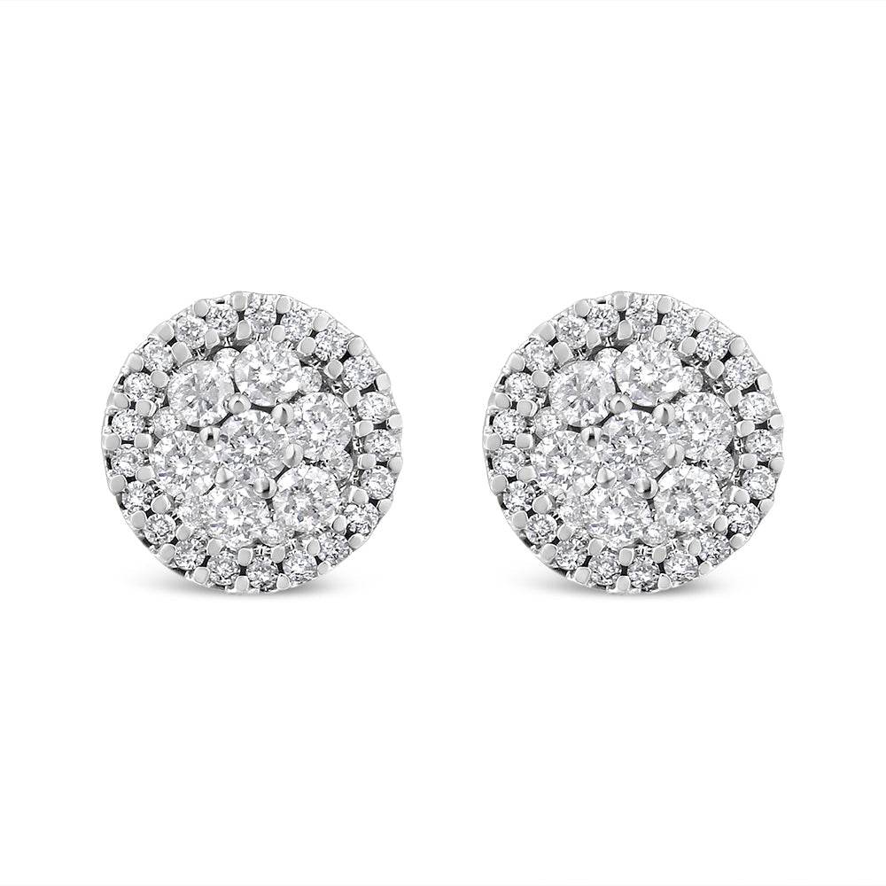 14K White Gold 1.0 Cttw Brilliant-Cut Diamond Halo-Style Cluster Round Button Stud Earrings (H-I Color, I1-I2 Clarity) - Bijoux-NYC Direct