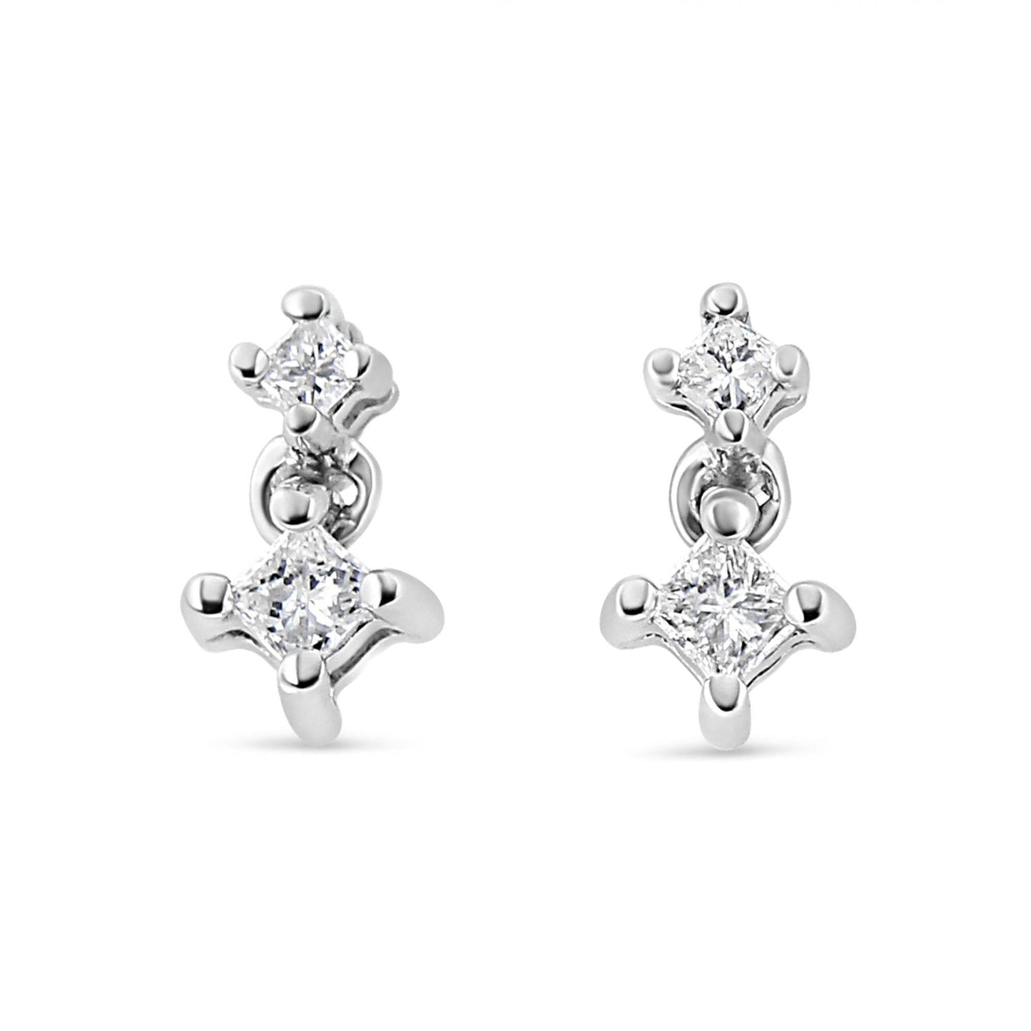 14K White Gold 1/4 Cttw 4 Prong Set Princess-Cut Double Diamond Drop and Dangle Stud Earrings (I-J Color, I2-I3 Clarity) - Bijoux-NYC Direct
