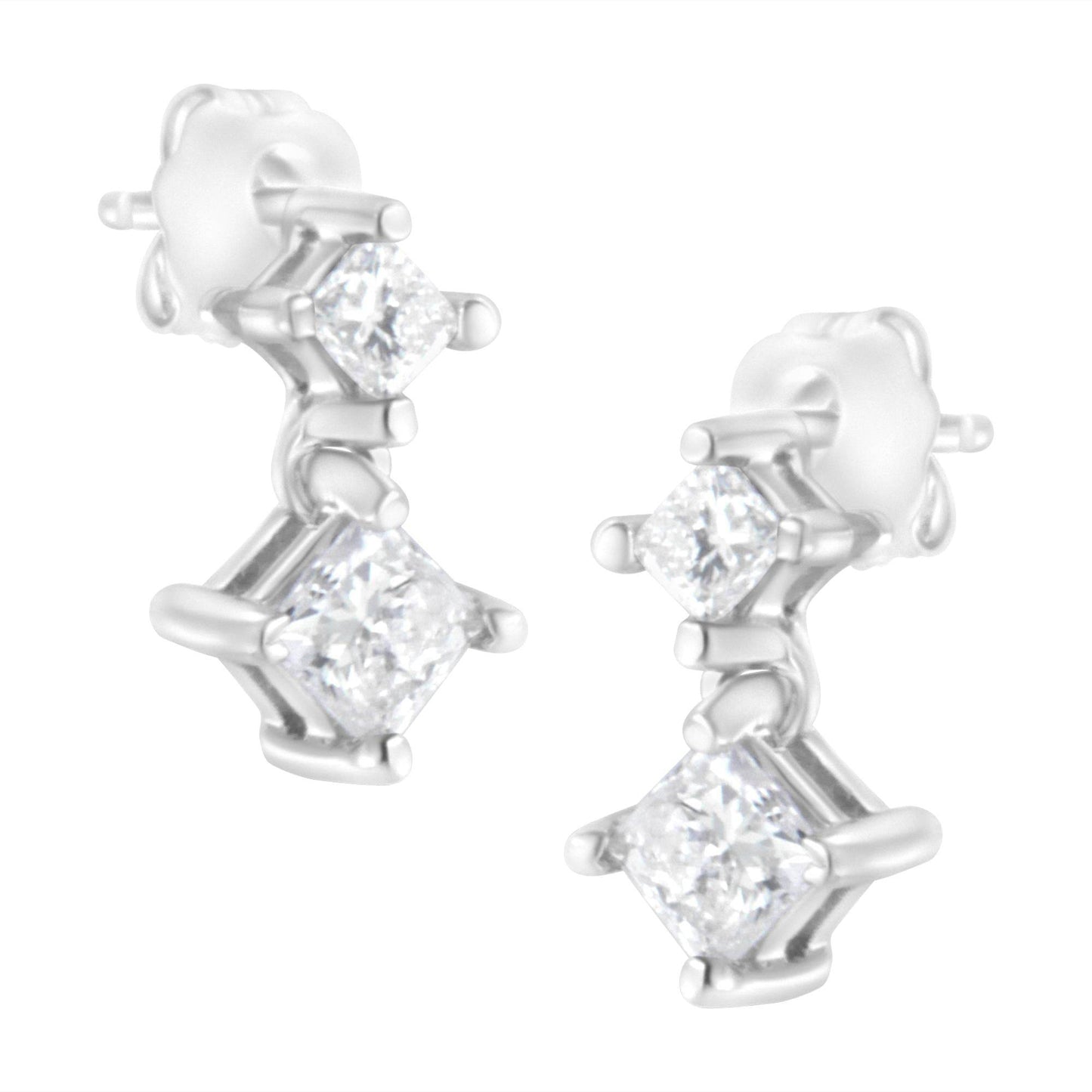 14K White Gold 3/4 cttw Double Diamond Princess-Cut Stud Earrings (I-J Clarity, I2-I3 Color) - Bijoux-NYC Direct