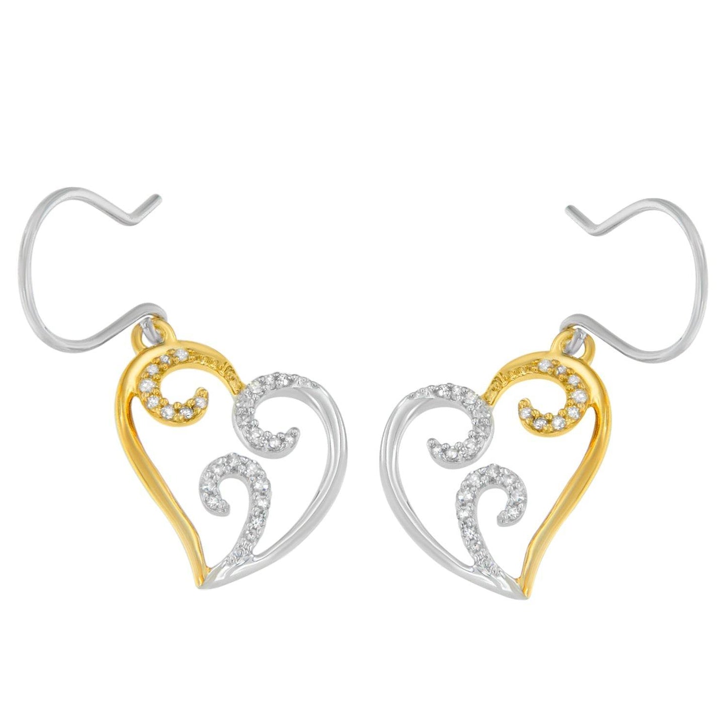 10K Two-tone Gold Round Diamond Heart Dangle Earrings (1/4 cttw, I-J Color, I2-I3 Clarity) - Bijoux-NYC Direct