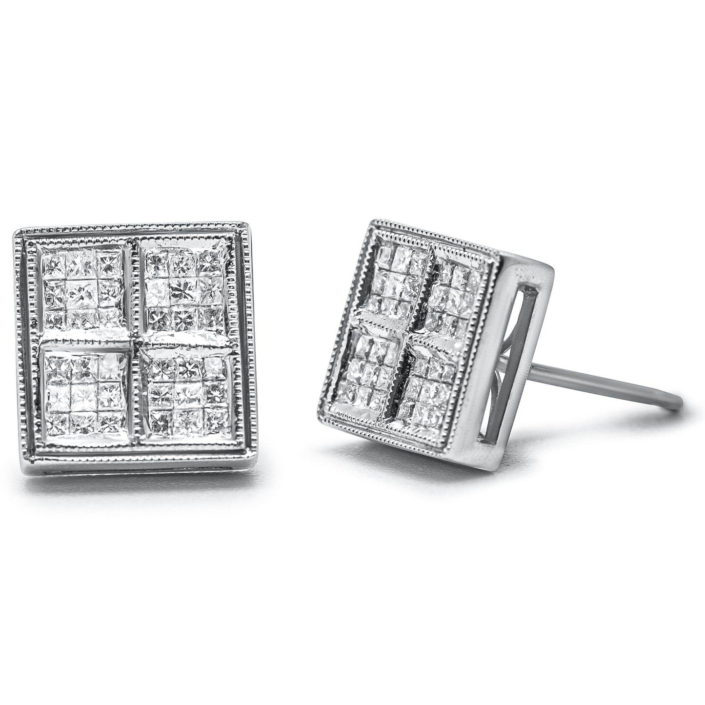 14K White Gold 1/2 Cttw Princess Diamond Composite Box Shape Milgrain Stud Earrings (H-I Color, SI1-SI2 Clarity) - Bijoux-NYC Direct