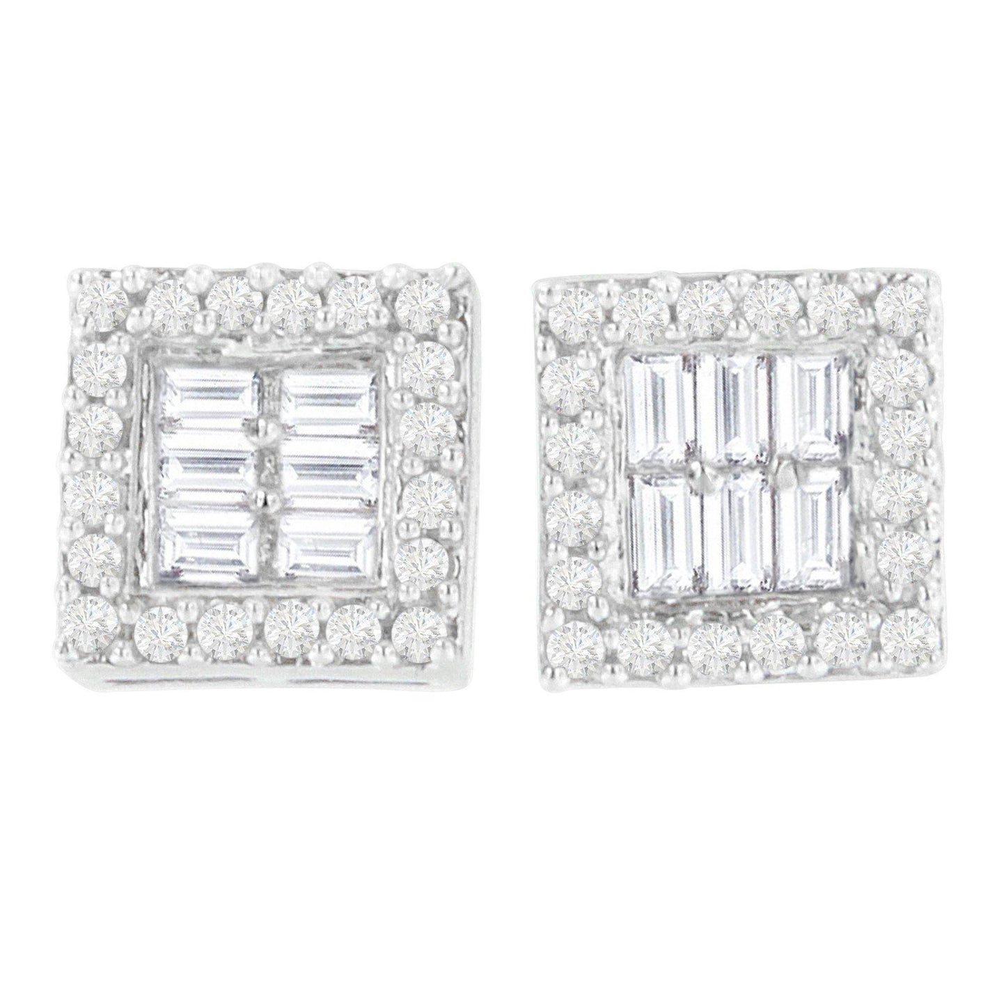14K White Gold 1 cttw Round and Baguette Diamond Stud Earrings (H-I, SI1-SI2) - Bijoux-NYC Direct