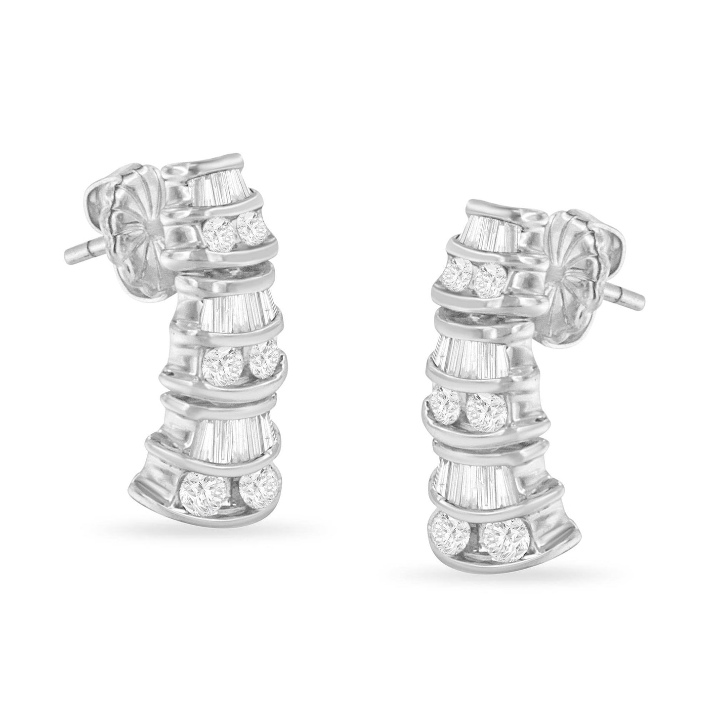 14KT White Gold 7/8 cttw Bagutte & Round Brilliant-Cut Diamond Dangle Multi Row Earrings (H-I, SI2-I1) - Bijoux-NYC Direct