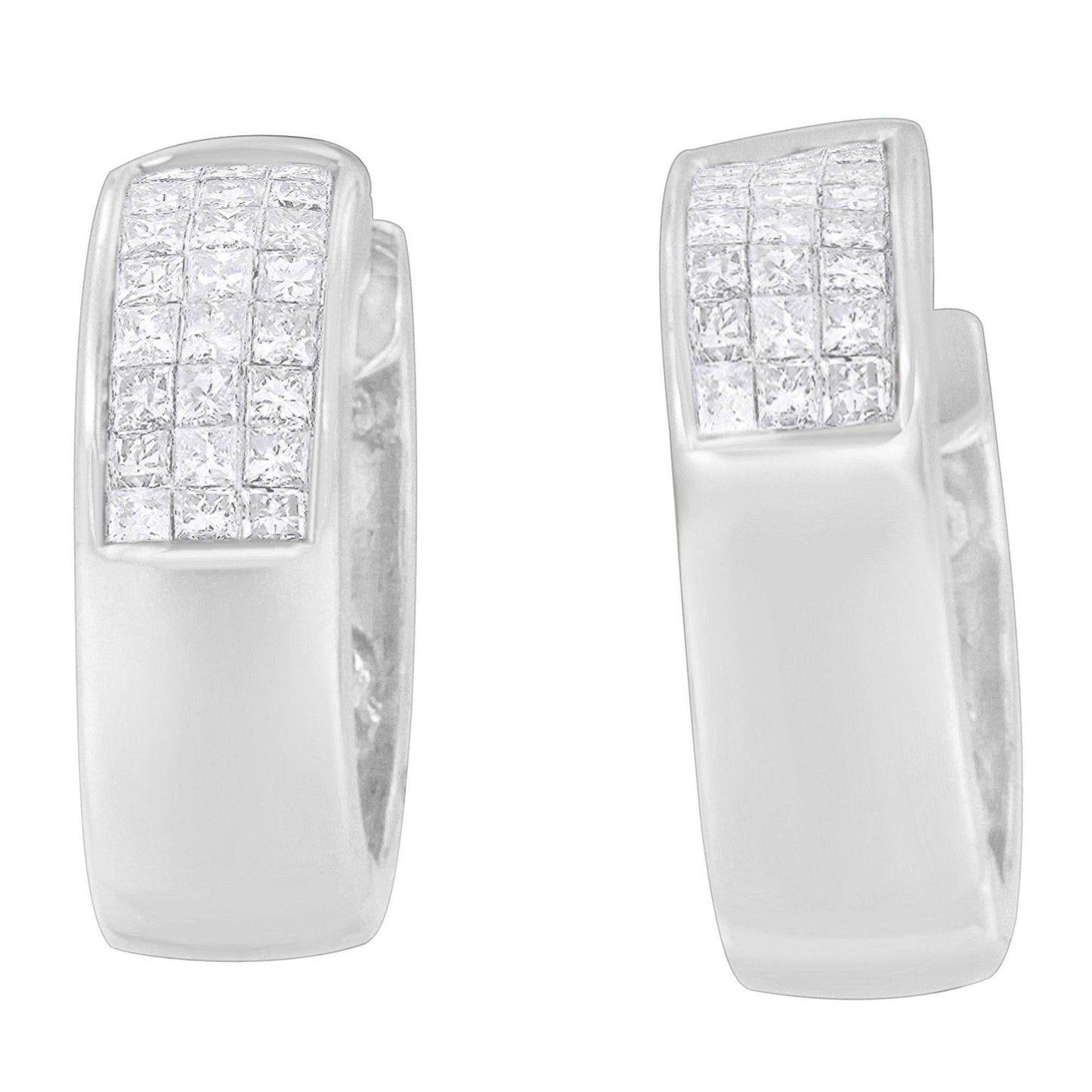 14K White Gold 1 1/8 cttw Princess and Round Cut Diamond Huggie Earrings (H-I, VS1-VS2) - Bijoux-NYC Direct