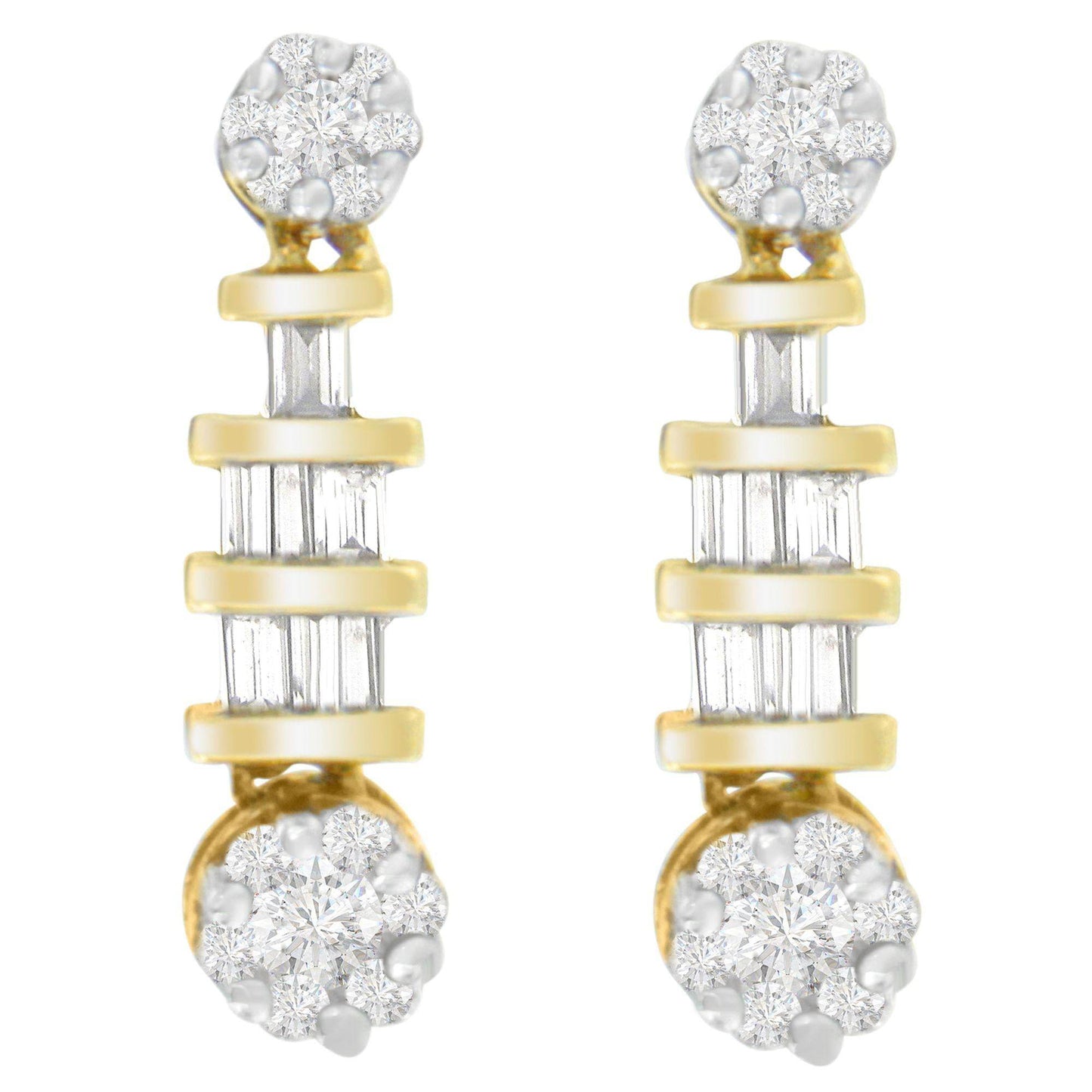 14K Yellow Gold 3/4ct. TDW Round and Baguette-cut Diamond Earrings(H-I,SI1-SI2) - Bijoux-NYC Direct