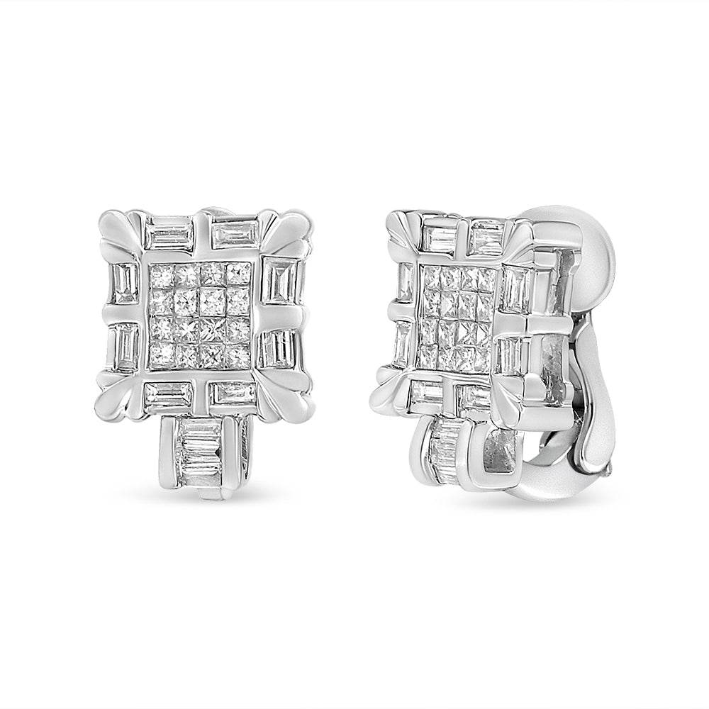 14K White Gold 1.0 Cttw Princess and Baguette-Cut Diamond Square Framed Huggie Hoop Omega Earrings (H-I Color, SI1-SI2 Clarity) - Bijoux-NYC Direct