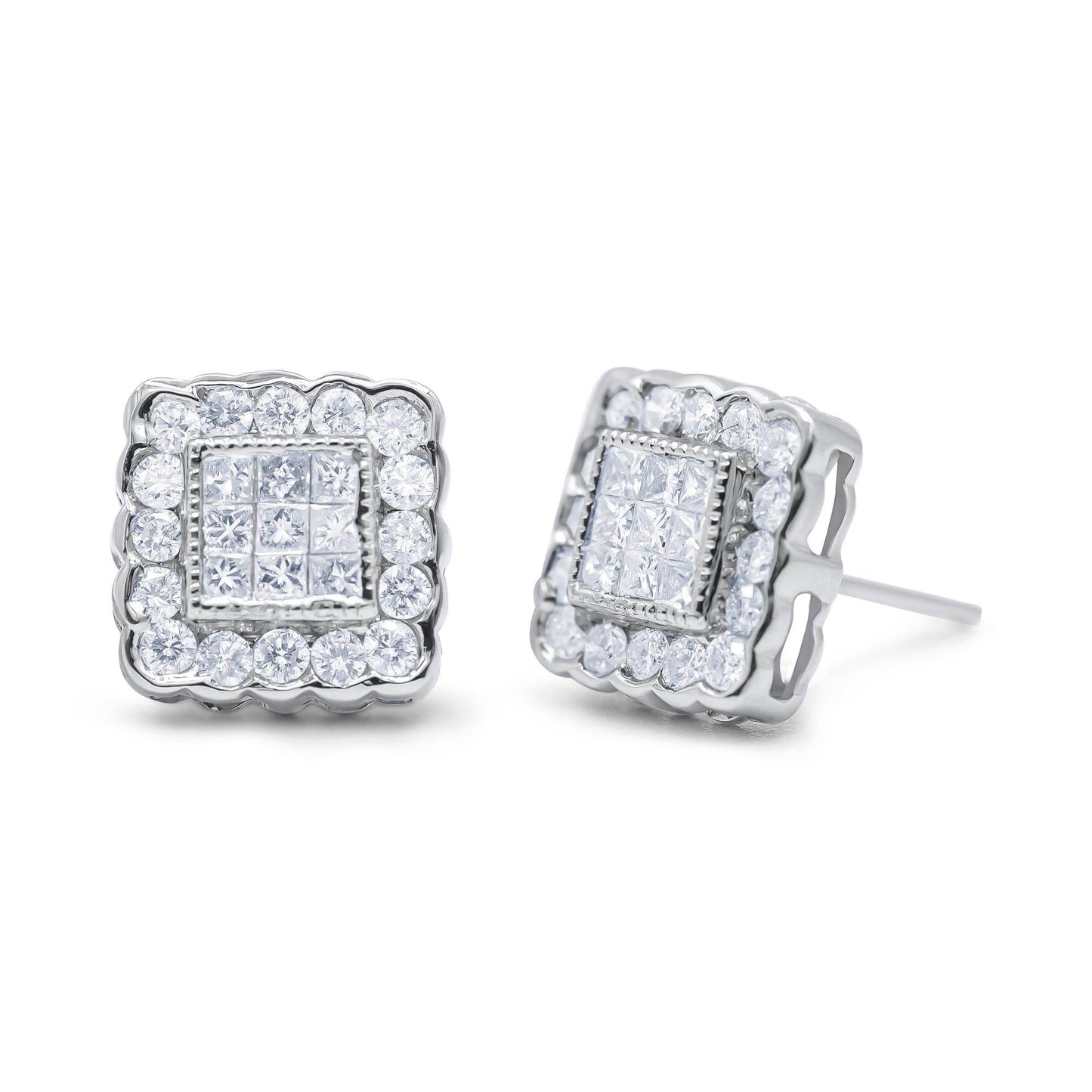 14K White Gold 1.0 Cttw Round Brilliant & Princess Cut Diamond Scallop-Edge Framed Square Halo Stud Earrings (G-H Color, SI1-SI2 Clarity) - Bijoux-NYC Direct