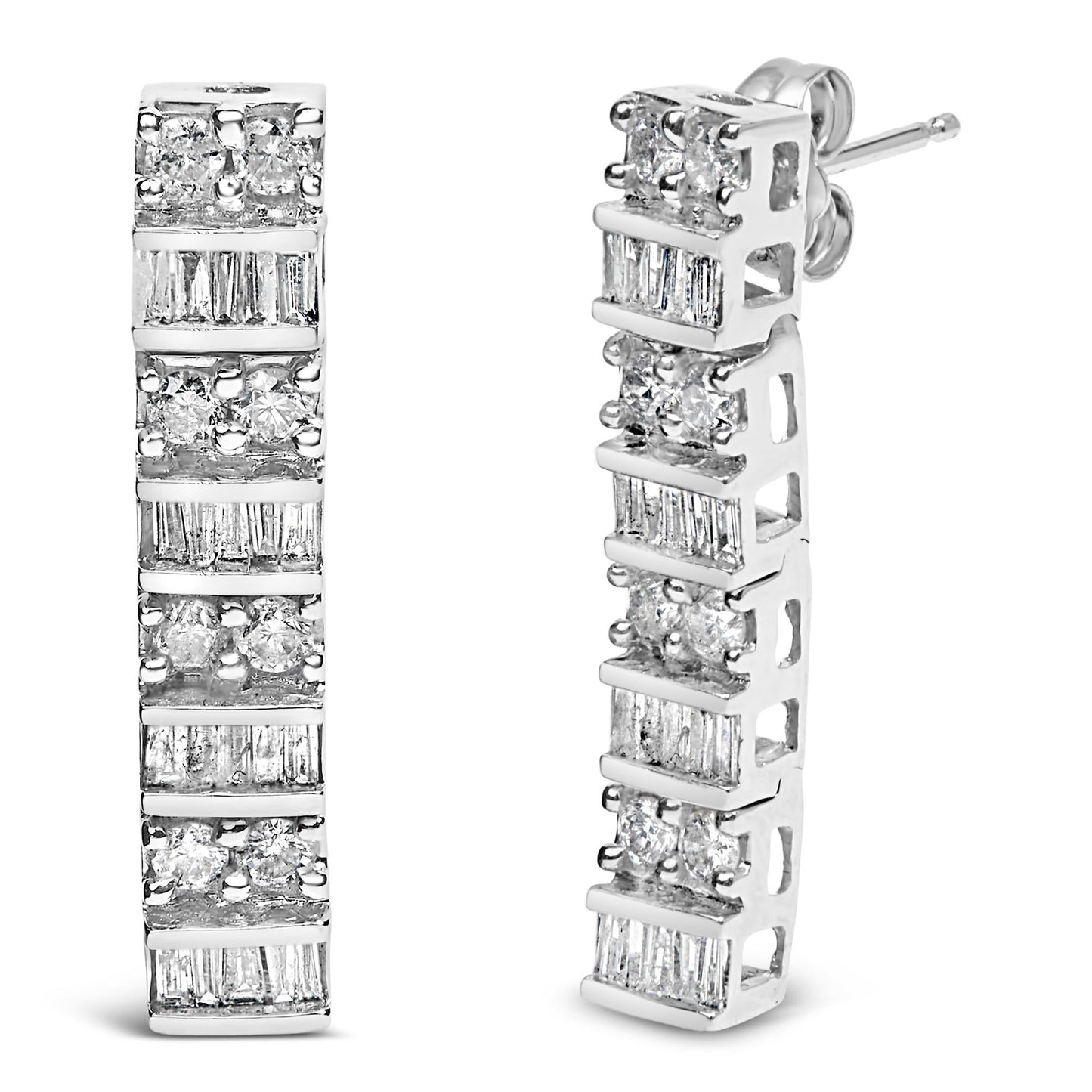 14K White Gold 1 1/3 Cttw Alternating Round And Baguette Diamond Drop Earrings (H-I Color, SI2-I1 Clarity)