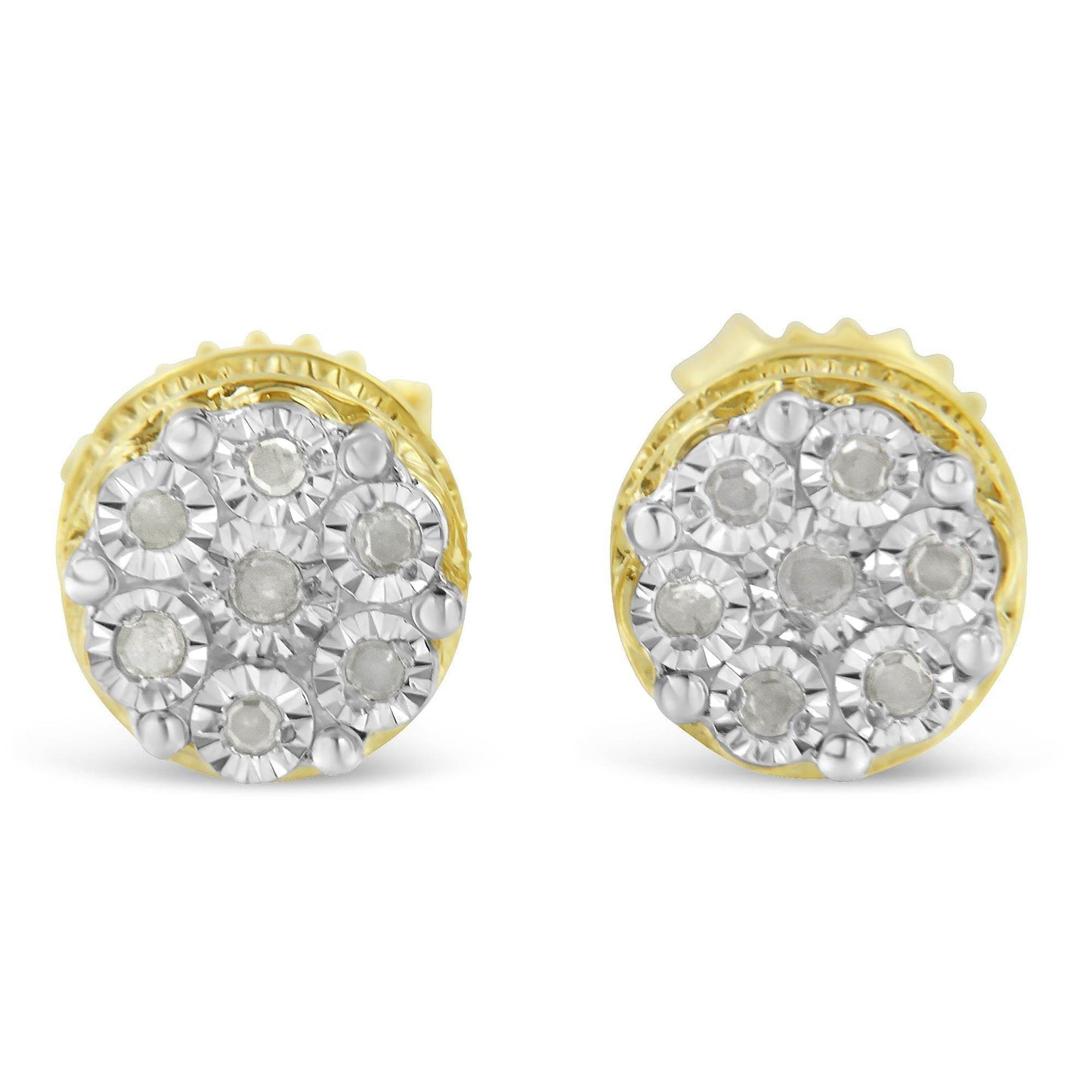 10K Yellow Gold over .925 Sterling Silver 1/7 Cttw Rose-Cut Miracle-Set Diamond Floral Cluster Button Stud Earrings (I-J Color, I3 Clarity) - Bijoux-NYC Direct