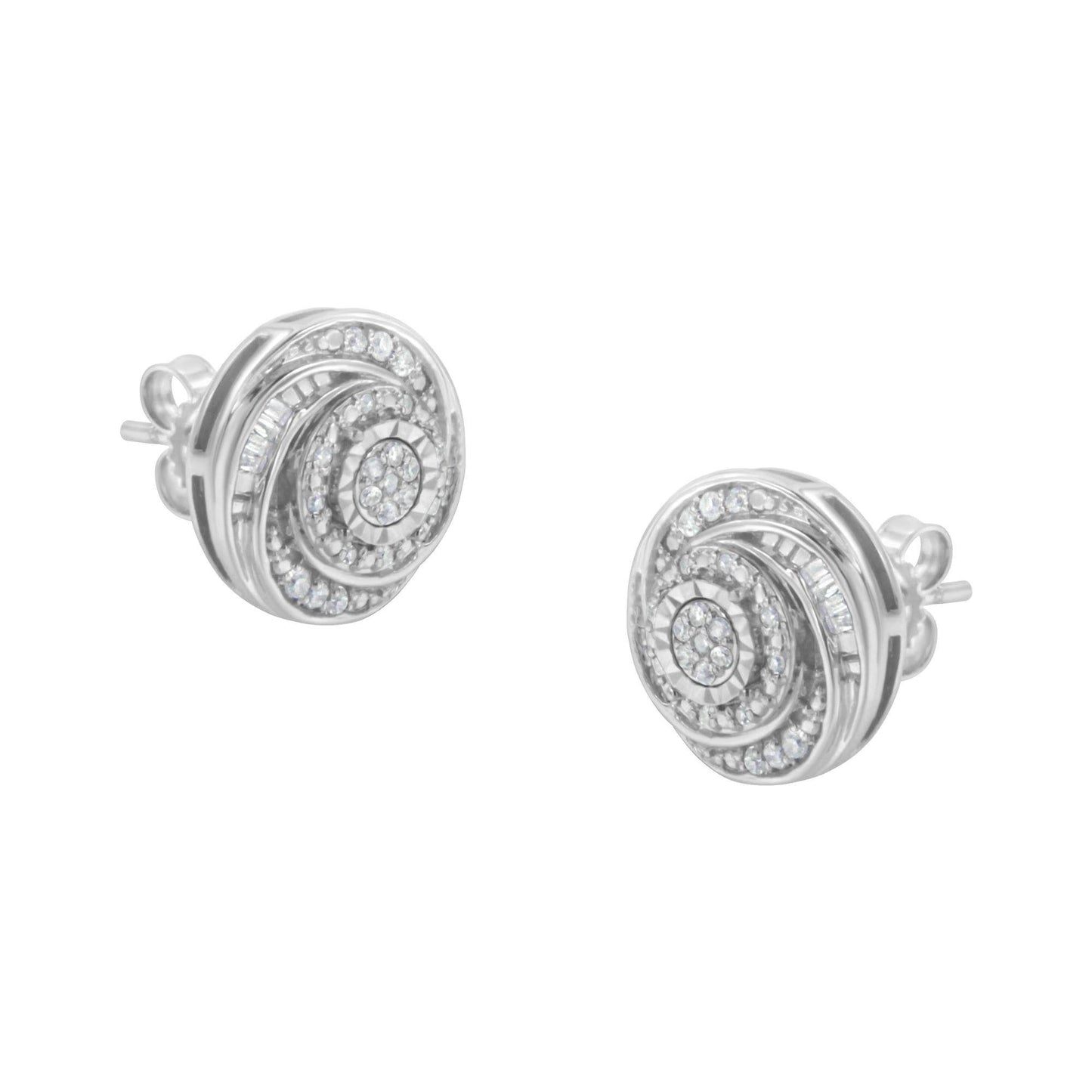 .925 Sterling Silver 1/4 Cttw Baguette and Round Diamond Swirl Love Knot Stud Earrings (I-J Color, I3 Clarity) - Bijoux-NYC Direct