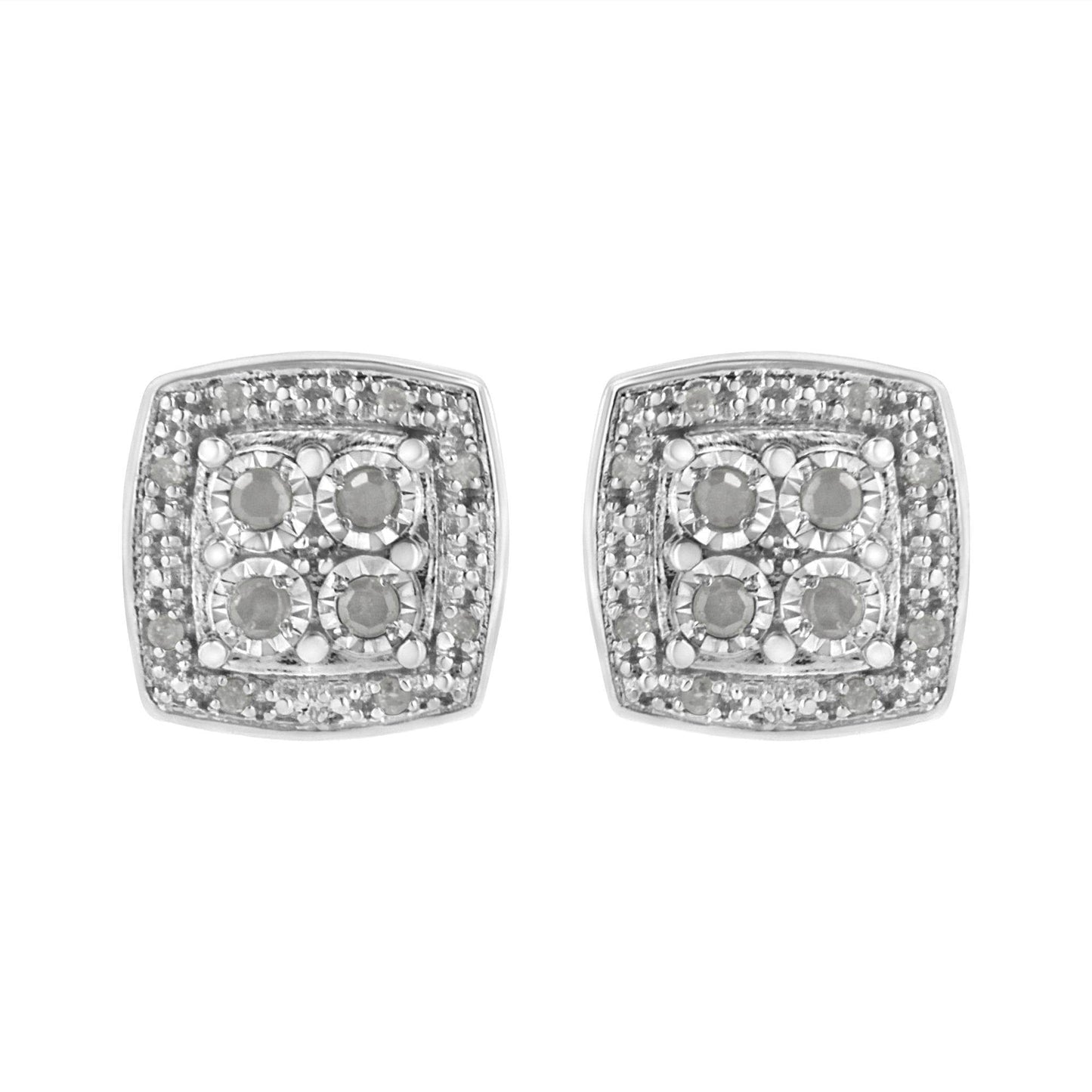 .925 Sterling Silver 1/4 cttw Round Cut Diamond Square Shape Milgrain Stud Earrings (I-J Color, I3 Clarity) - Bijoux-NYC Direct