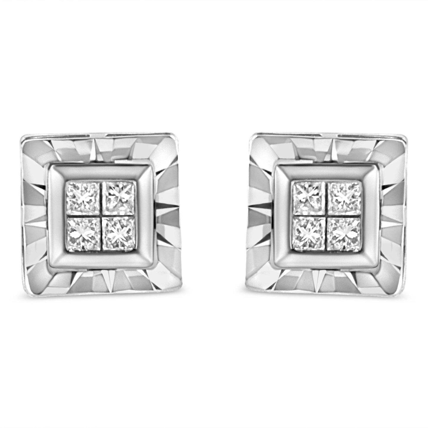 .925 Sterling Silver 1/6 Cttw Invisible Set Princess-Cut Diamond Quad Composite Stud Earrings (H-I Color, I1-I2 Clarity) - Bijoux-NYC Direct
