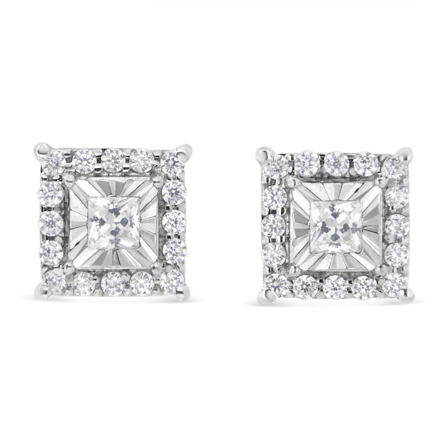 .925 Sterling Silver 1/4 Cttw Princess and Round Cut Diamond Halo Stud Earrings (I-J Color, I2-I3 Clarity) - Bijoux-NYC Direct