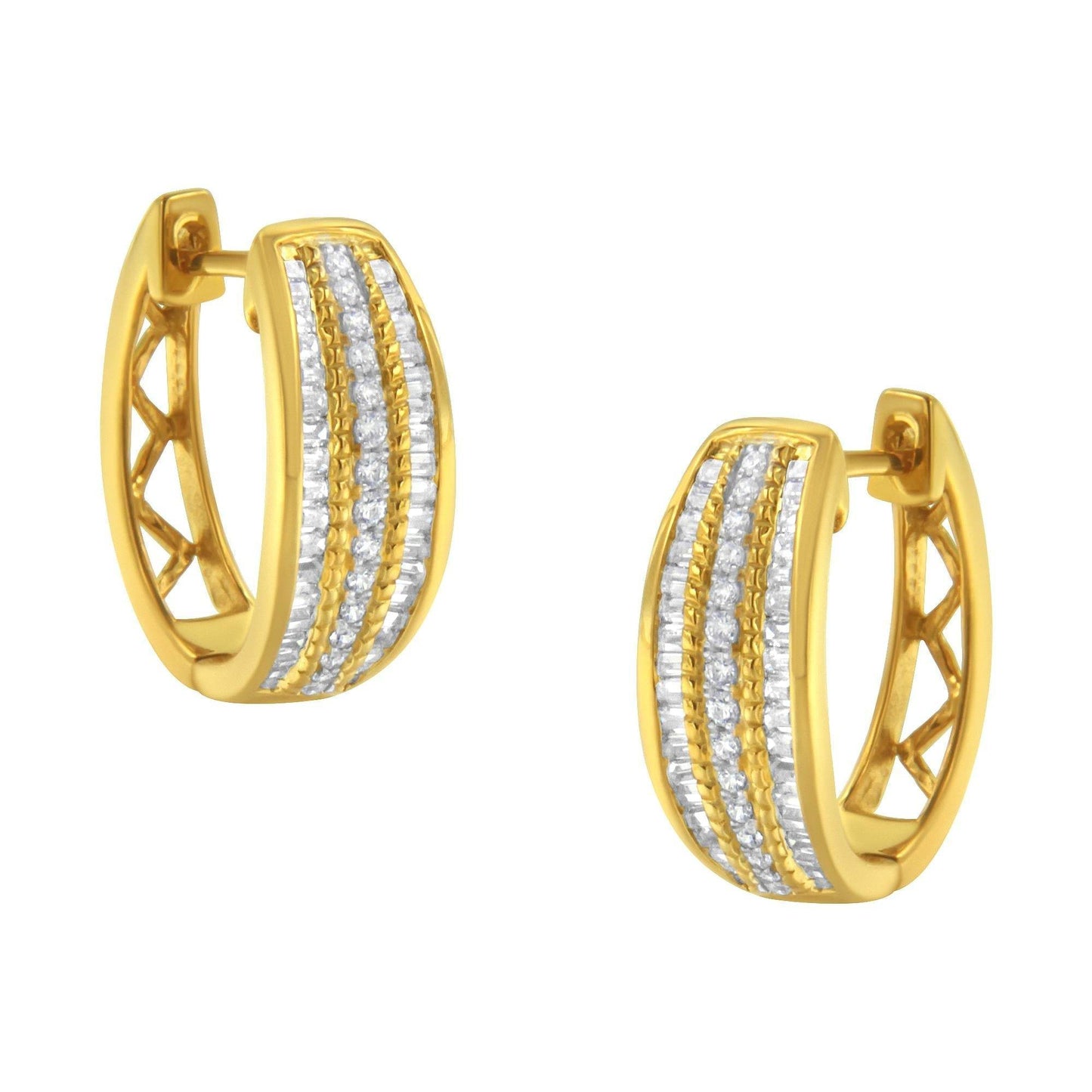 10K Yellow Gold 3/4 Cttw Pave and Channel Set Diamond Triple Row Modern Hoop Earrings (I-J Color, I2-I3 Clarity) - Bijoux-NYC Direct