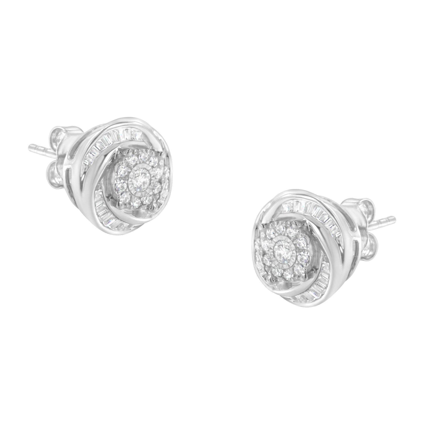 .925 Sterling Silver 3/4 Cttw Round and Baguette-Cut Diamond Love Knot Stud Earring (I-J Color, I2-I3 Clarity) - Bijoux-NYC Direct
