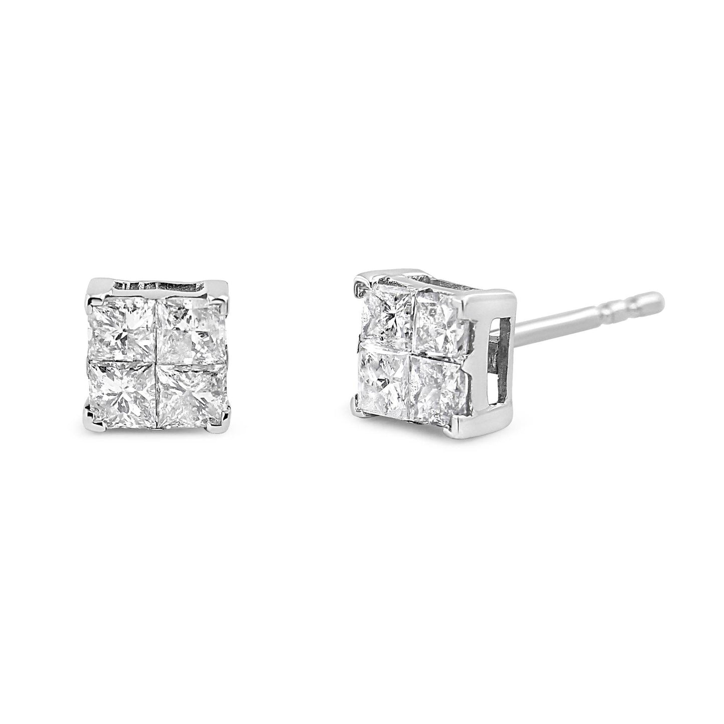 10K White Gold 1.00 cttw Invisible Set Princess-Cut Diamond Composite Square Shape Stud Earrings (G-H Color, I2-I3 Clarity) - Bijoux-NYC Direct