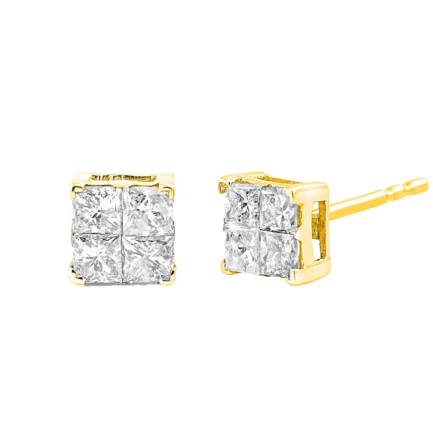 10K Yellow Gold Plated .925 Sterling Silver 1.0 Cttw Princess-Cut Diamond Composite Multi Stone Stud Earrings (J-K Color, SI2-I1 Clarity) - Bijoux-NYC Direct