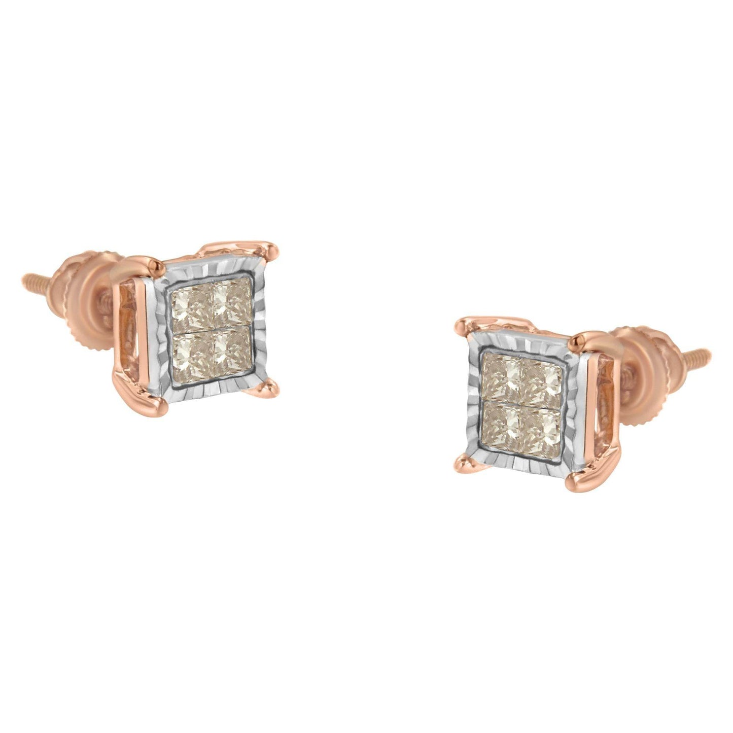 10K Two-Toned Princess-Cut Composite Diamond Stud Earrings (1/2 cttw, J-K Color, I1-I2 Clarity) - Bijoux-NYC Direct