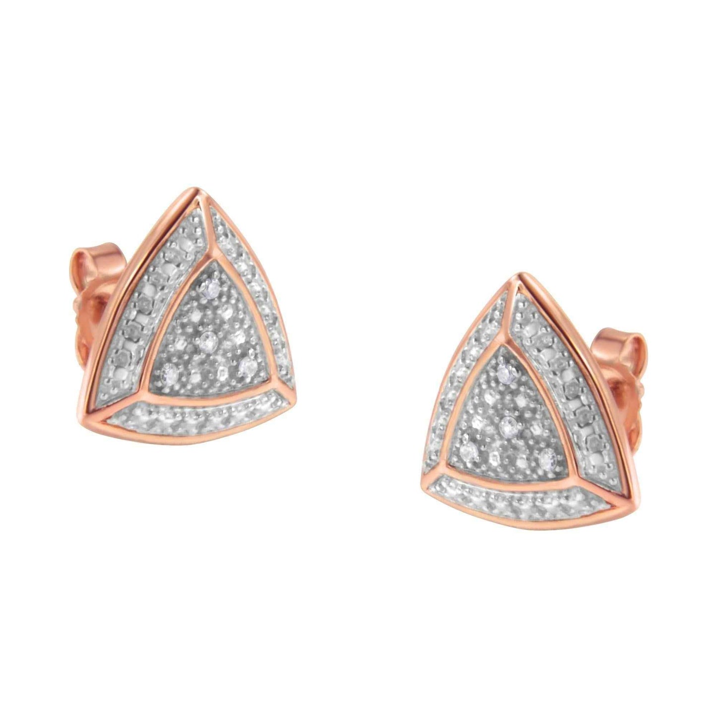 14K Rose Gold over .925 Sterling Silver Diamond-Accented Trillion Shaped 4-Stone Halo-Style Stud Earrings (H-I Color, I2-I3 Clarity) - Bijoux-NYC Direct