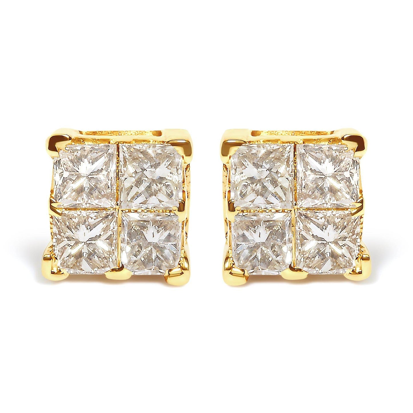 14K Yellow Gold 3/4 Cttw Invisible Set Princess-Cut Diamond 4 Stone Square Stud Earrings (J-K Color, SI2-I1 Clarity) - Bijoux-NYC Direct