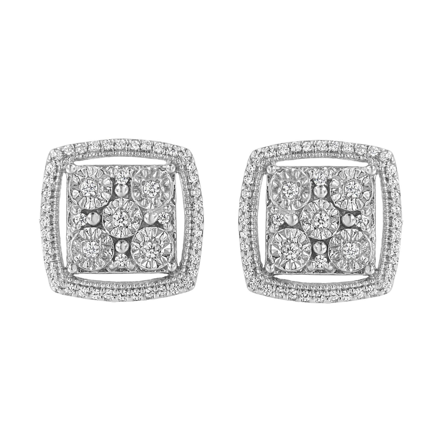 .925 Sterling Silver 3/8 Cttw Miracle Set Round Diamond Double Halo Cluster Earrings (I-J Color, I2-I3 Clarity) - Bijoux-NYC Direct