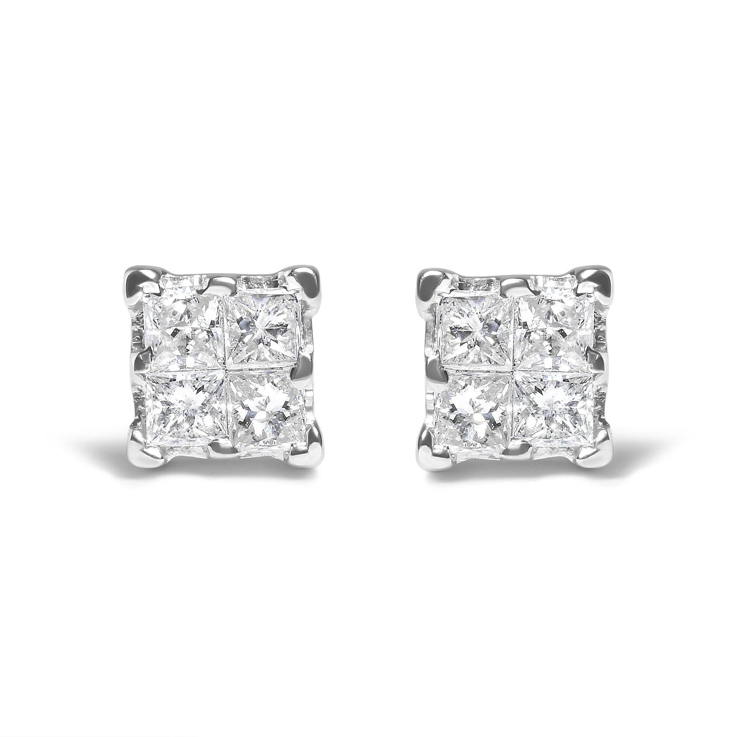 .925 Sterling Silver 1/4 Cttw Invisible Set Princess Diamond Composite Quad Stud Earrings (I-J Color, I1-I2 Clarity) - Bijoux-NYC Direct