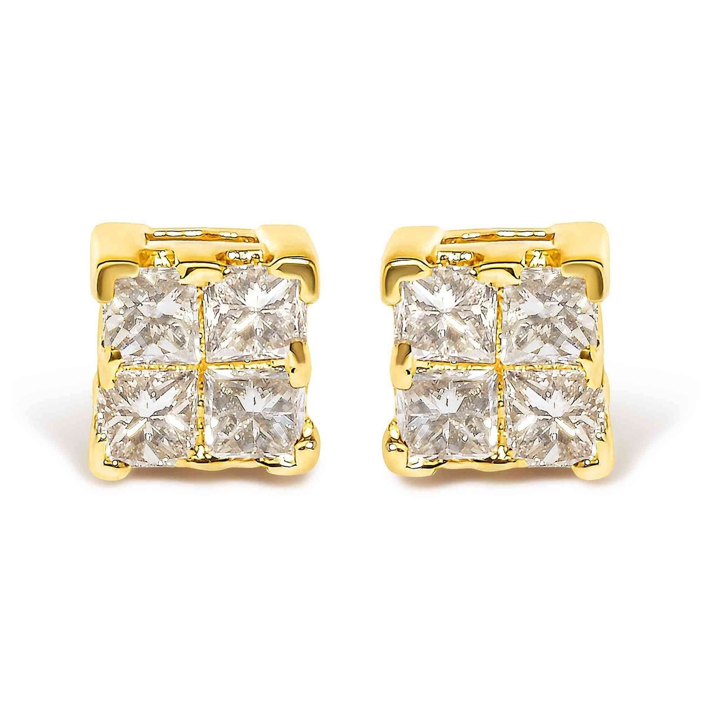 14K Yellow Gold 1/4 Cttw Invisible Set Princess-Cut Diamond Square Stud Earring (J-K Color, I1-I2 Clarity) - Bijoux-NYC Direct
