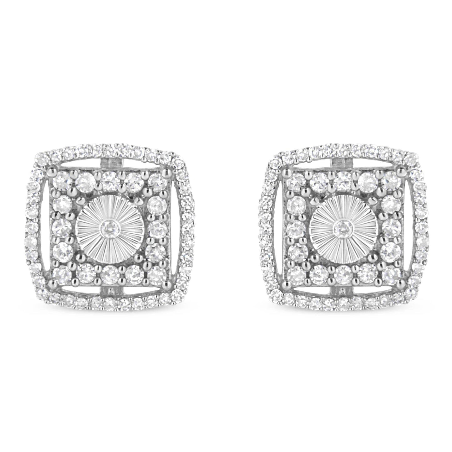 .925 Sterling Silver 1.0 Cttw Round Diamond Double Halo and Disc Stud Earring (I-J Color, I2-I3 Clarity) - Bijoux-NYC Direct
