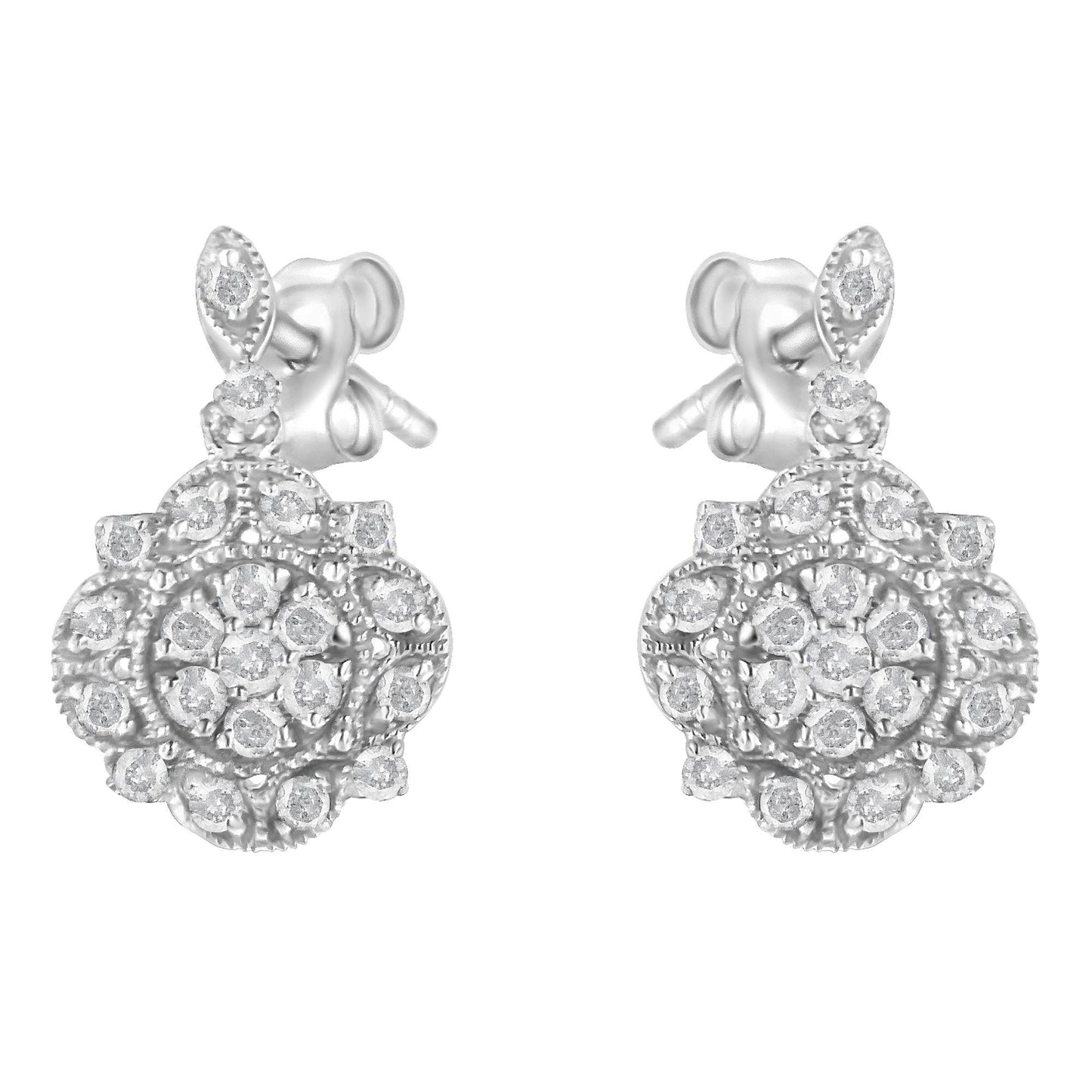 .925 Sterling Silver 1/2 Cttw Diamond Dangle Miligrain Earring (I-J Color, I2-I3 Clarity) - Bijoux-NYC Direct