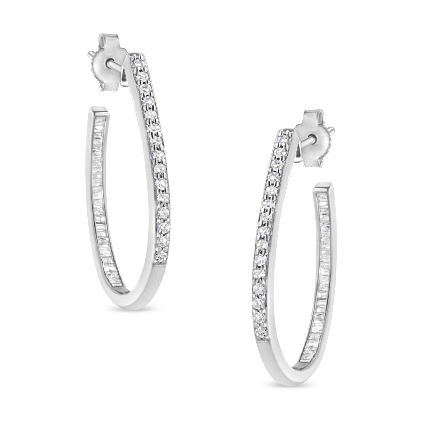 .925 Sterling Silver 1/2 Cttw Round and Baguette-Cut Diamond Inside-Outside Hoop Earrings (H-I Color, I1-I2 Clarity) - Bijoux-NYC Direct