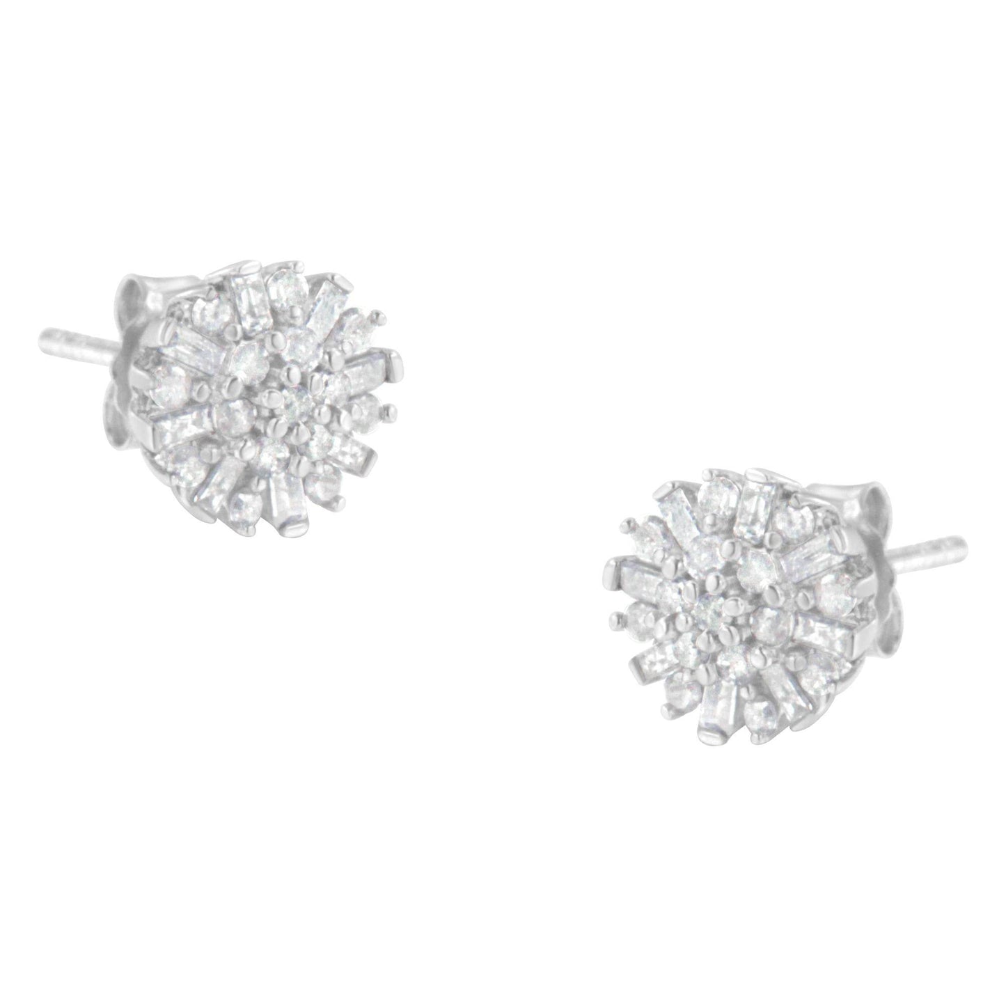 .925 Sterling Silver 1/2 Round and Baguette Diamond Sunburst Floral Cluster Stud Earrings (I-J Color, I3 Clarity) - Bijoux-NYC Direct