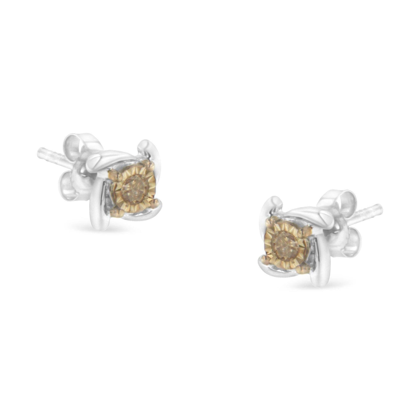Two-Toned Sterling-Silver Diamond Stud Earring (0.10 cttw, Champagne Color, I2-I3 Clarity) - Bijoux-NYC Direct