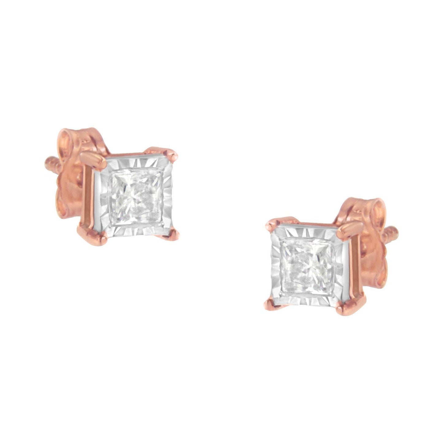 14K Rose Gold Plated Two-Tone .925 Sterling Silver 1/2 Cttw Princess-Cut Diamond Solitaire Stud Earrings (J-K , I2-I3 ) - Bijoux-NYC Direct