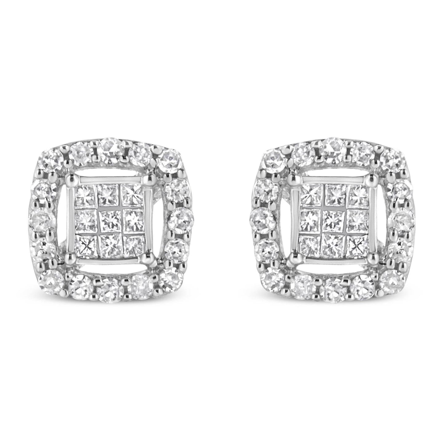 .925 Sterling Silver 1/2 Cttw Round and Princess-Cut Diamond Stud Earrings (I-J Color, I1-I2 Clarity) - Bijoux-NYC Direct
