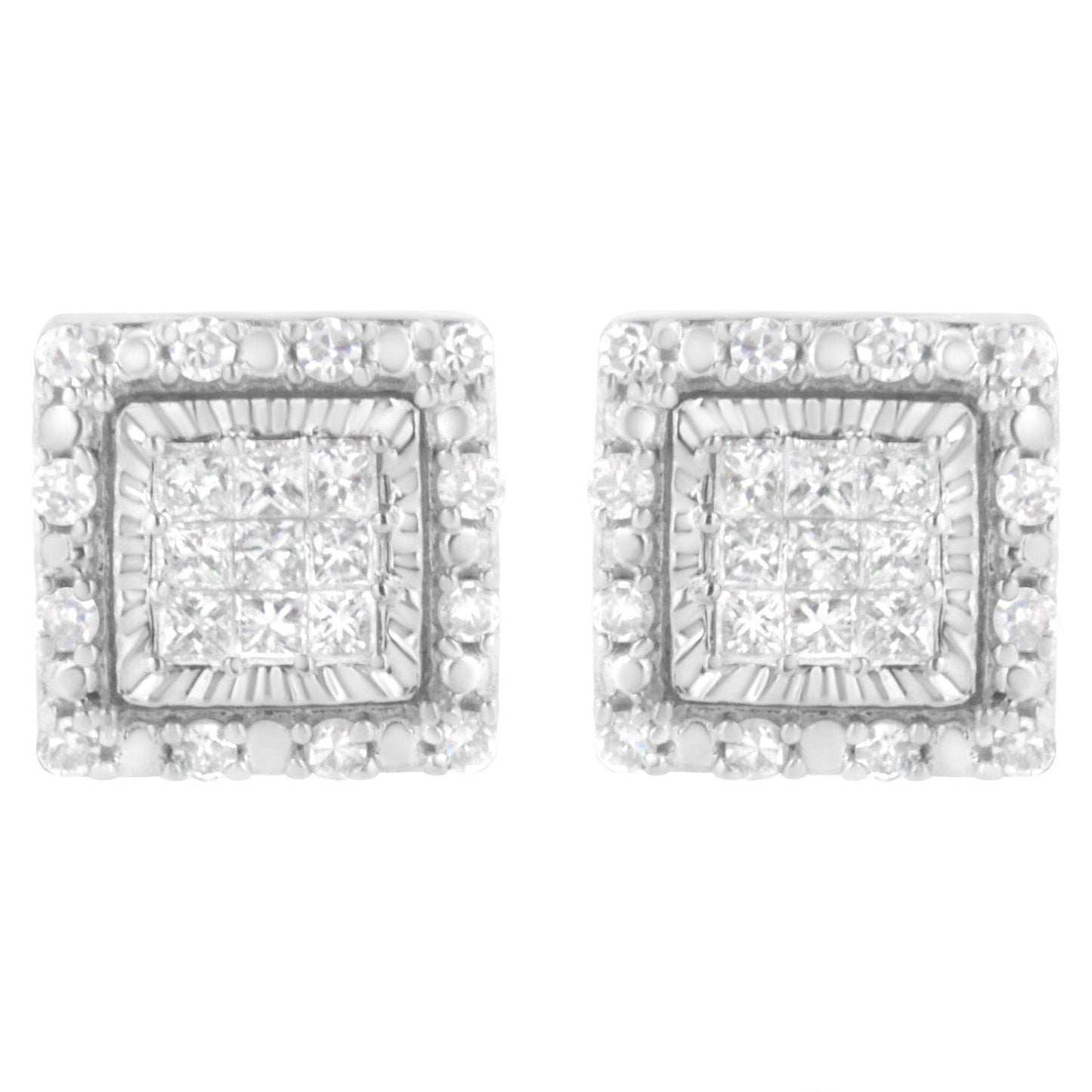 10K White Gold 1/2 cttw Invisible Set Princess-Cut Diamond Square Stud Earring (I-J Color, I1-I2 Clarity) - Bijoux-NYC Direct