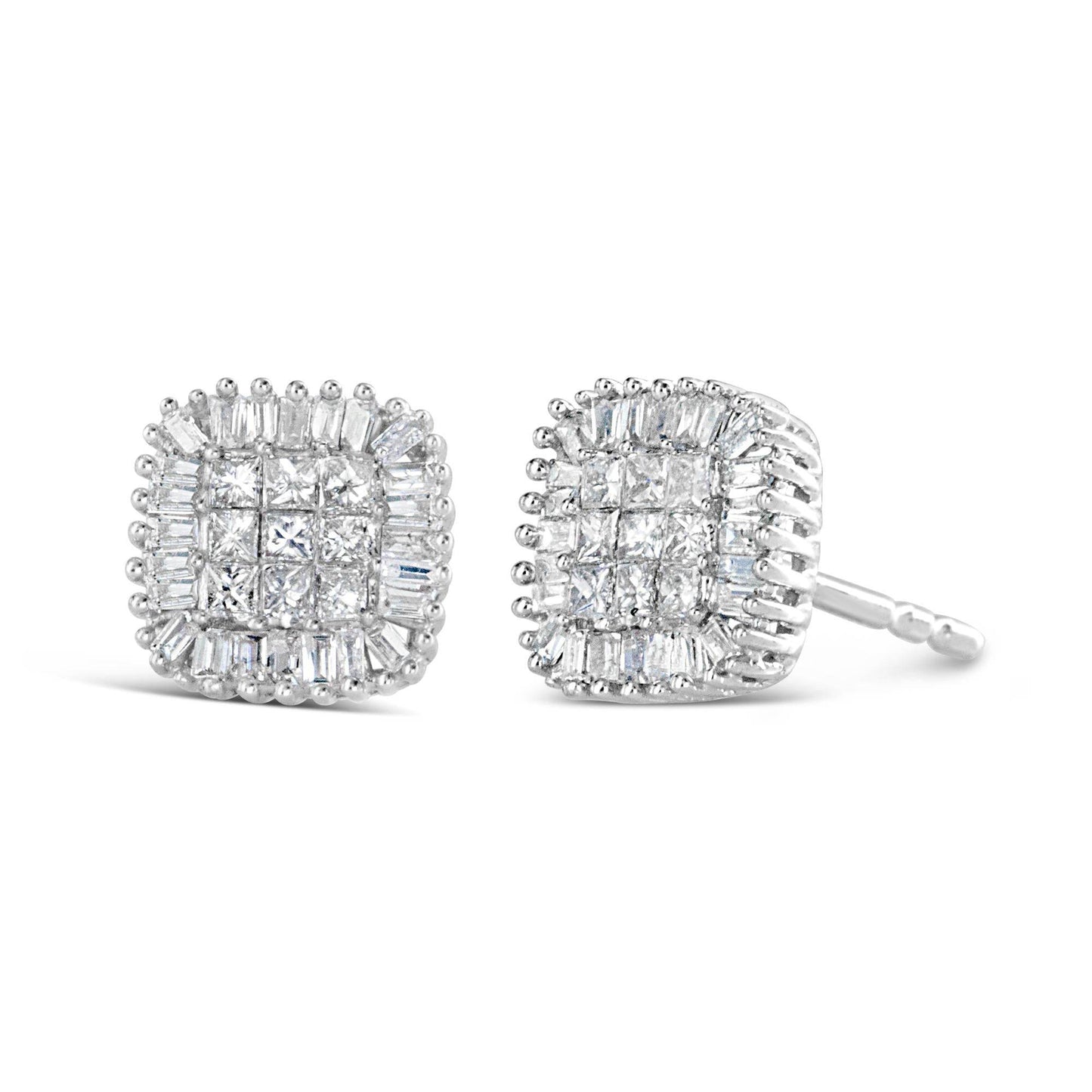 10K White Gold 1/2 Cttw Invisible-Set Princess Cut & Prong-Set Baguette Diamond Composite Stud Earrings (H-I Color, I1-I2 Clarity) - Bijoux-NYC Direct