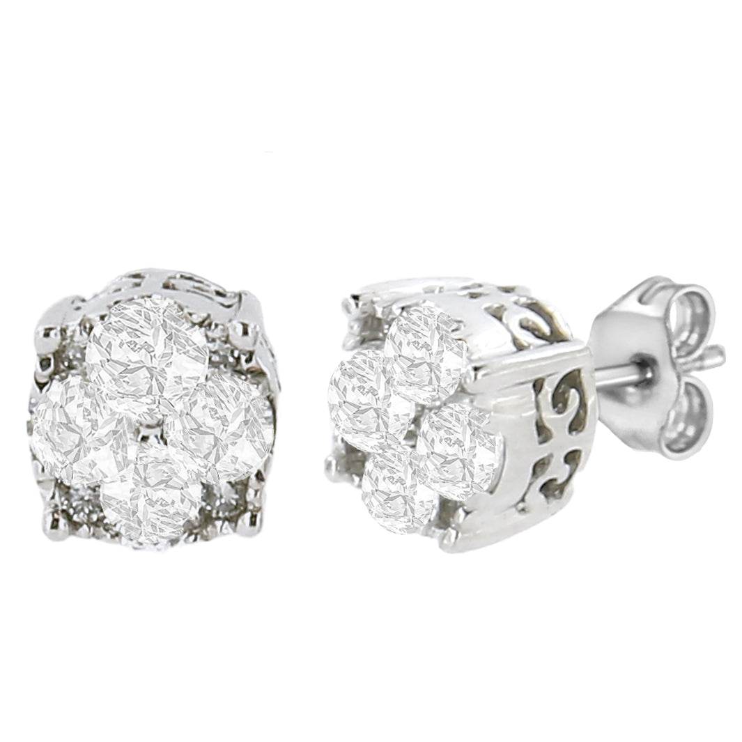 .925 Sterling Silver 1/2 cttw Prong Set Round-Cut Diamond Cluster Stud Earring (I-J Color, I2-I3 Clarity) - Bijoux-NYC Direct