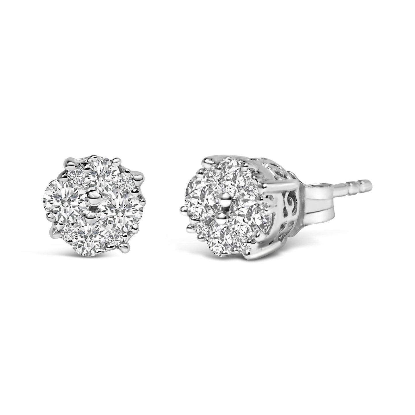 .925 Sterling Silver 1/2 cttw Prong Set Round-Cut Diamond Cluster Stud Earring (I-J Color, I2-I3 Clarity) - Bijoux-NYC Direct
