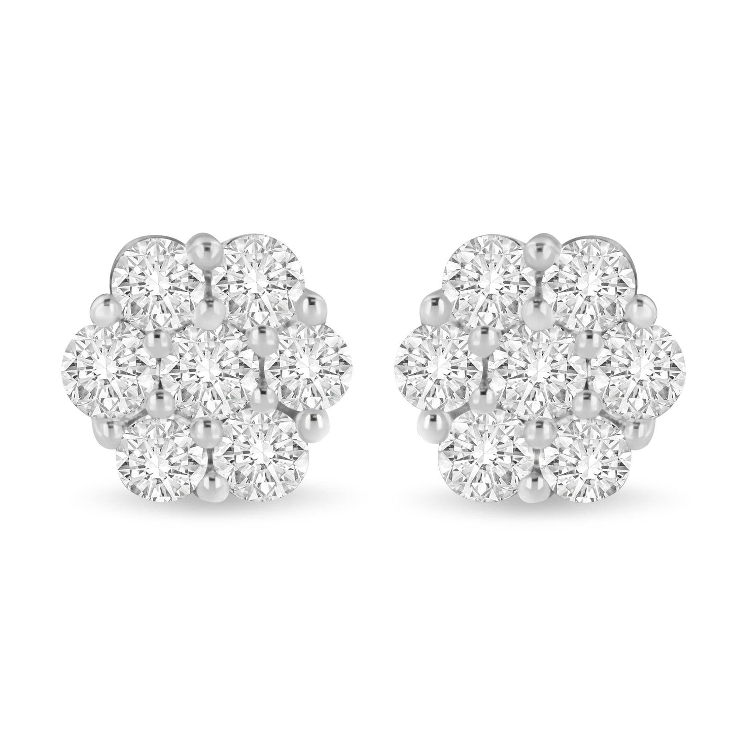 14K White Gold 3 cttw Prong Set Round-Cut Diamond Floral Cluster Stud Earring (I-J Color, SI1-SI2 Clarity) - Bijoux-NYC Direct