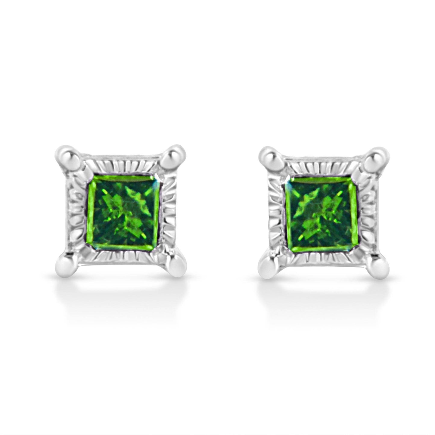 .925 Sterling Silver 1/10 Cttw Miracle Set Princess-Cut Treated Green Diamond Stud Earrings (Green Color, I1-I2 Clarity) - Bijoux-NYC Direct