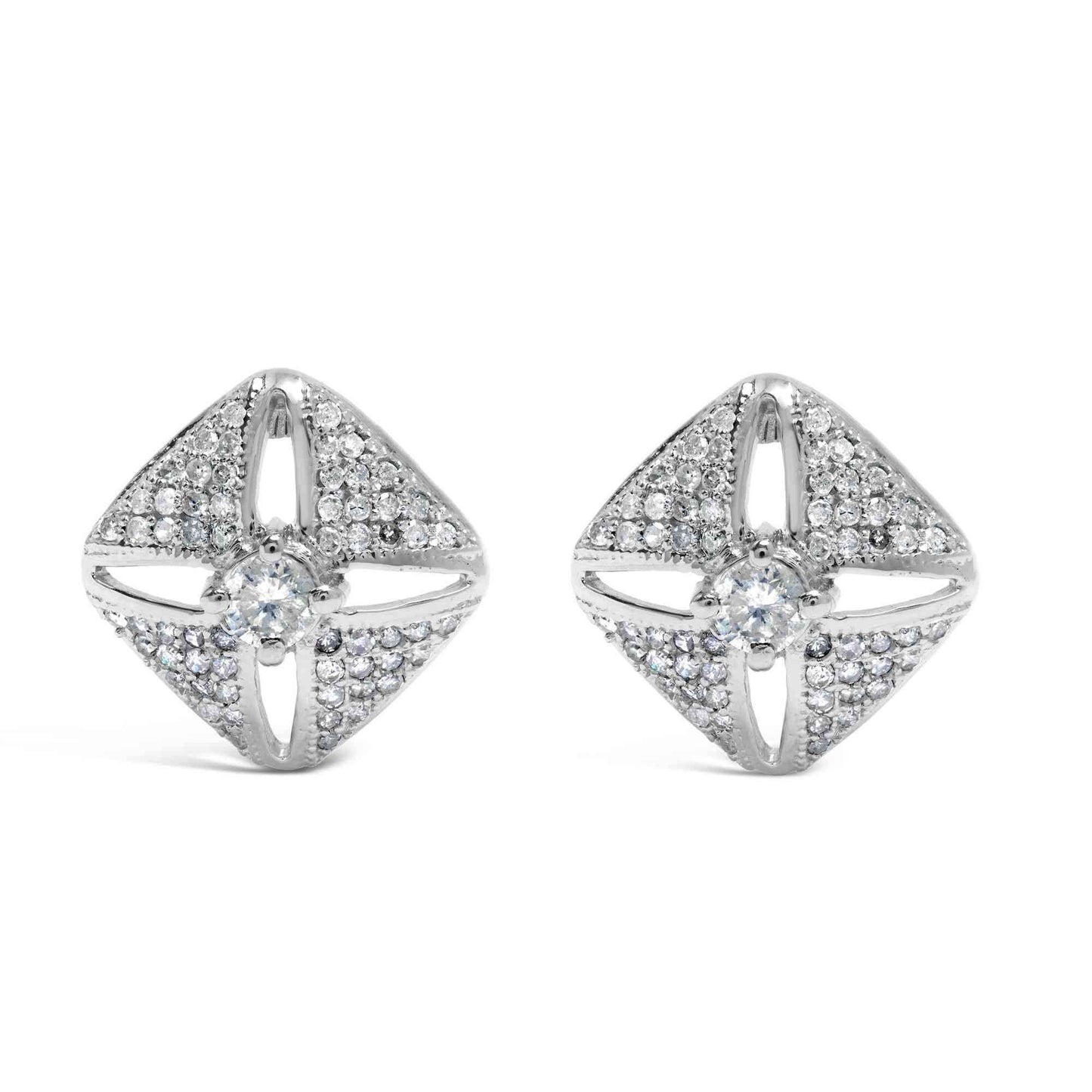 .925 Sterling Silver 1.0 Cttw Diamond Studded Rhombus Stud Earring (H-I Color, I2-I3 Clarity) - Bijoux-NYC Direct