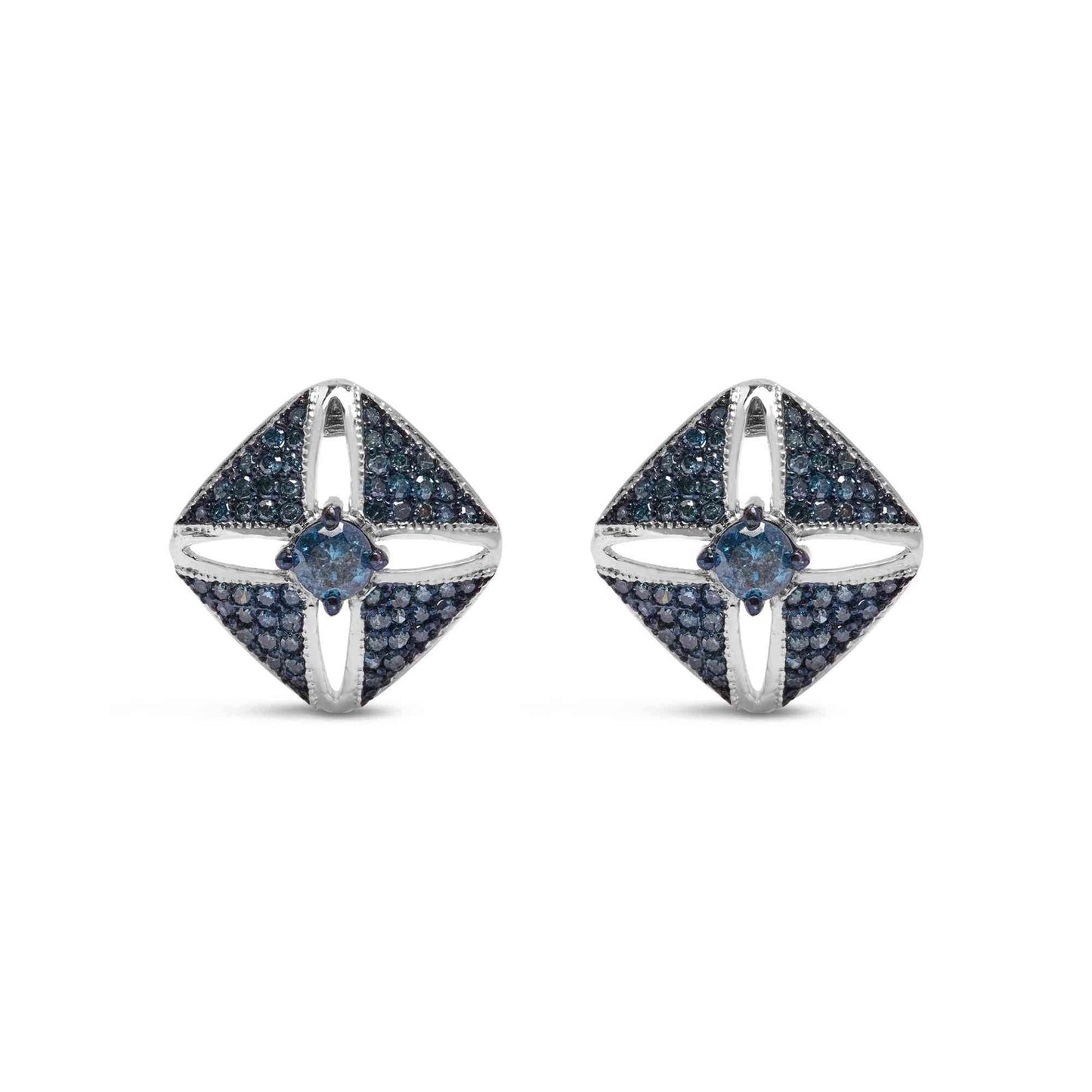 .925 Sterling Silver 1.0 Cttw Blue Diamond Studded Rhombus Stud Earring (Blue Color, I2-I3 Clarity) - Bijoux-NYC Direct