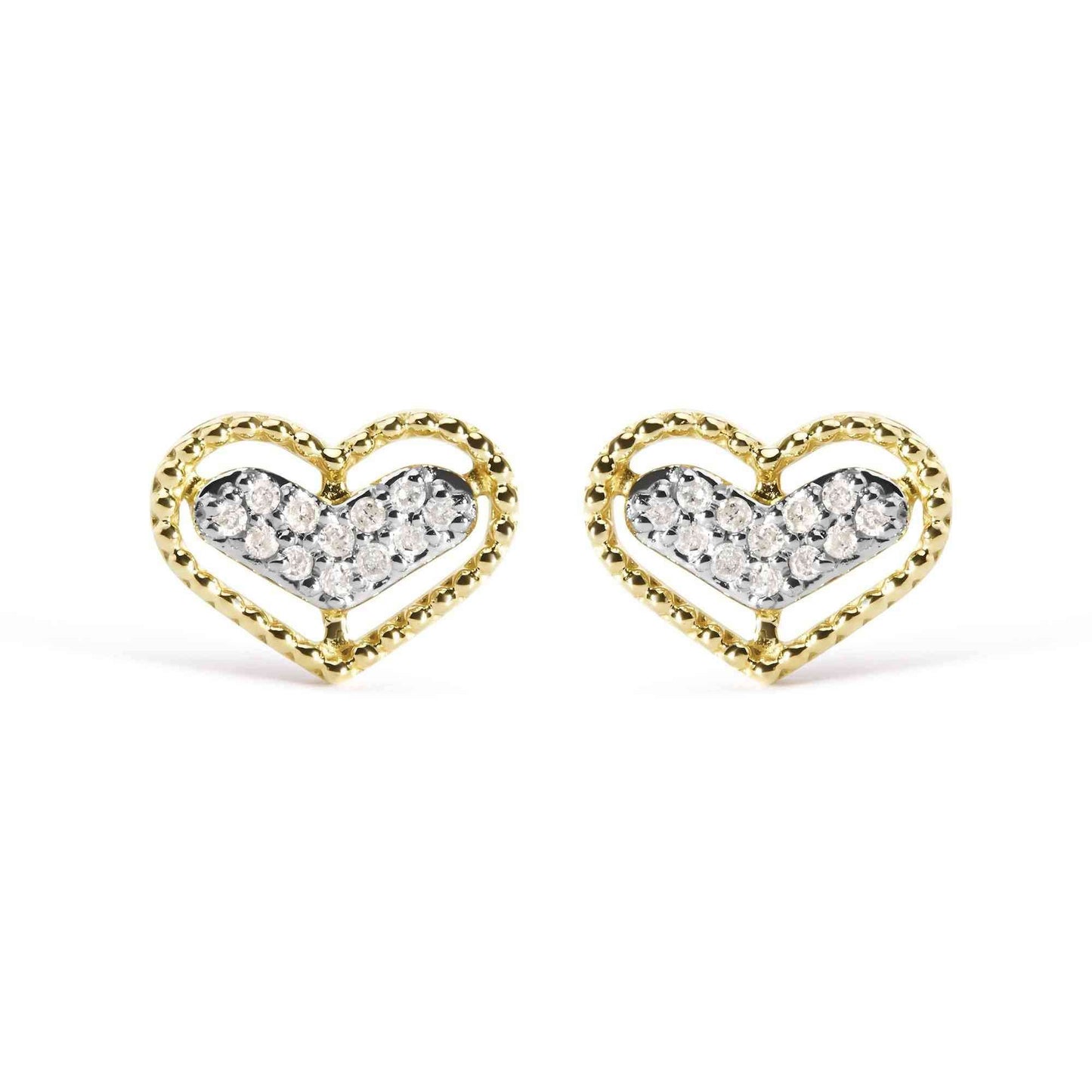 10K Yellow Gold 1/10 Cttw Diamond Heart and Beaded Halo Stud Earrings (I-J Color, I1-I2 Clarity) - Bijoux-NYC Direct