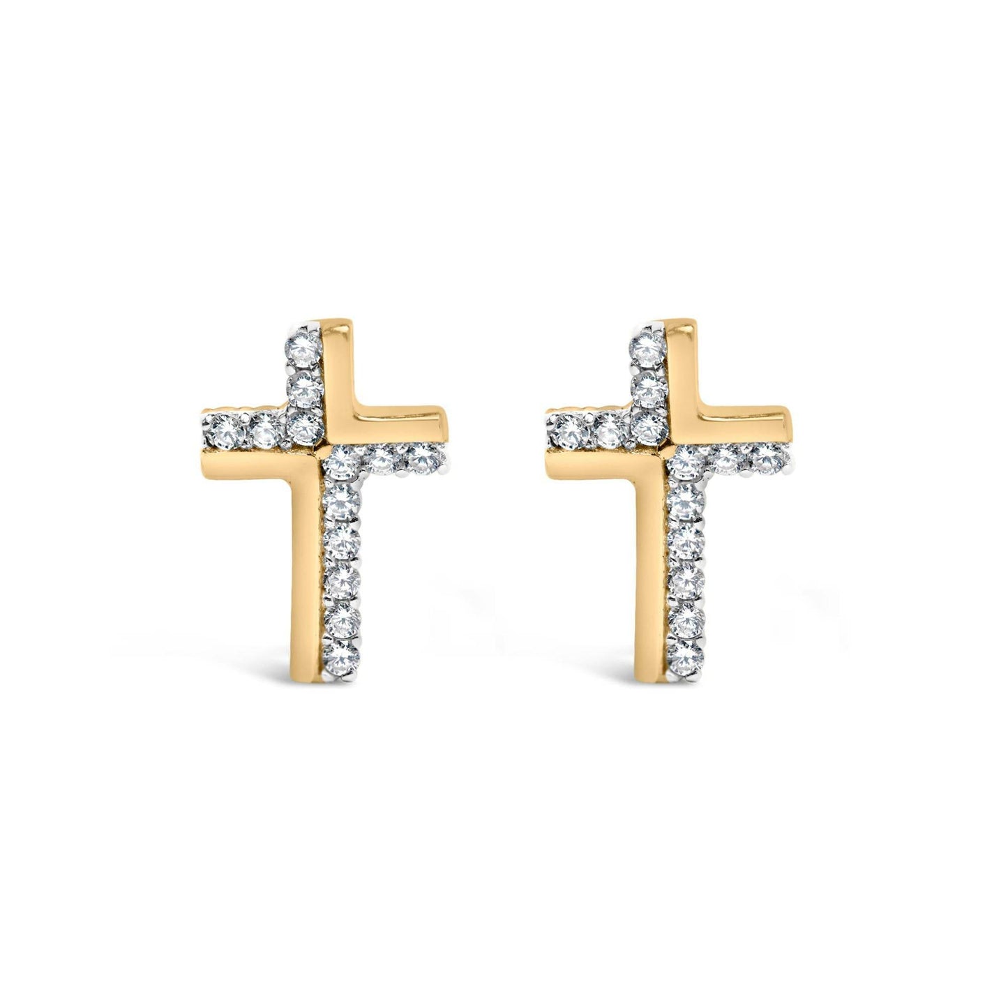 14K Yellow Gold Plated .925 Sterling Silver 1/10 Cttw Diamond Cross Stud Earring (I-J Color, I3 Clarity) - Bijoux-NYC Direct
