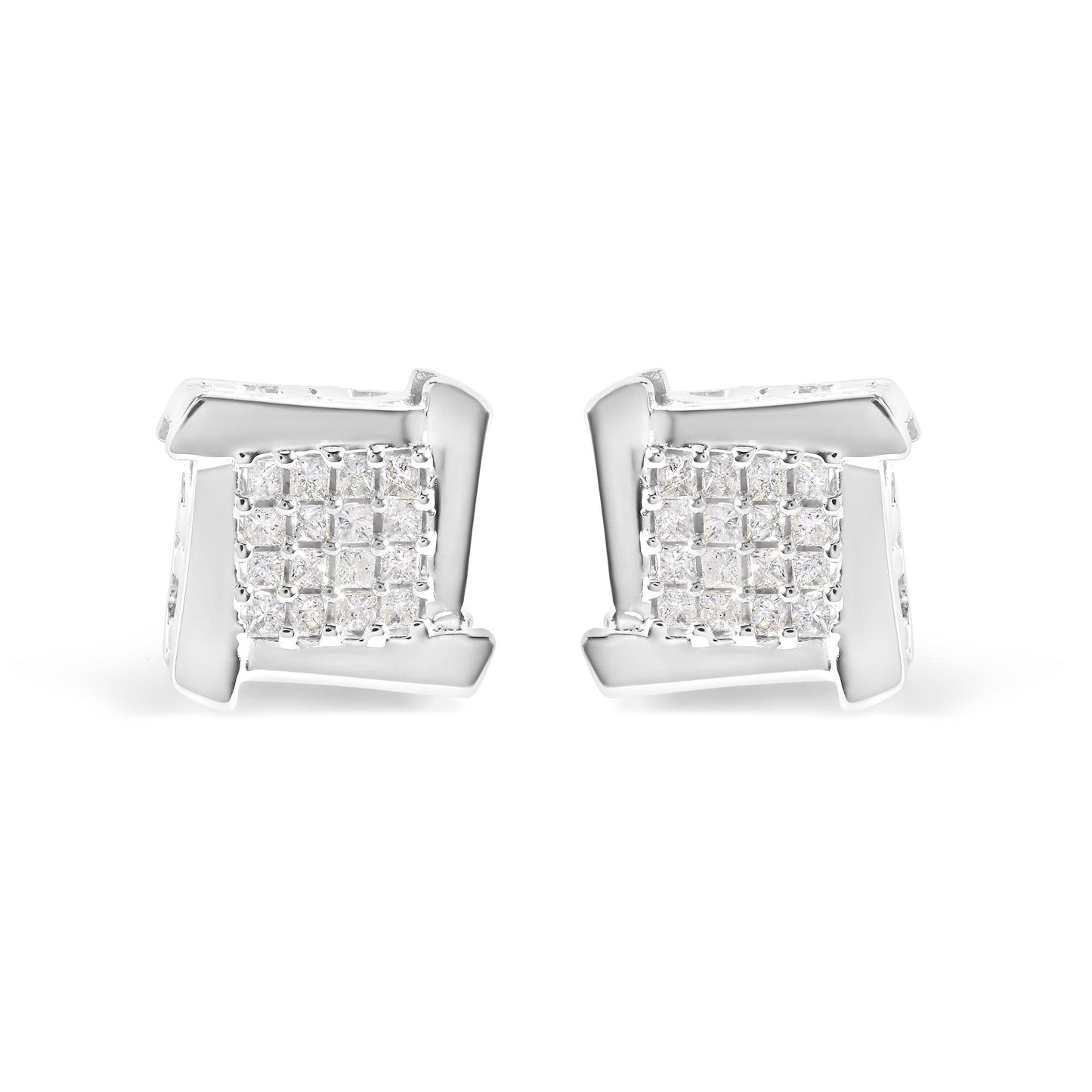 10K White Gold 1/2 Cttw Composite Princess Diamond Square and Swirl Stud Earrings (I-J Color, I1-I2 Clarity) - Bijoux-NYC Direct