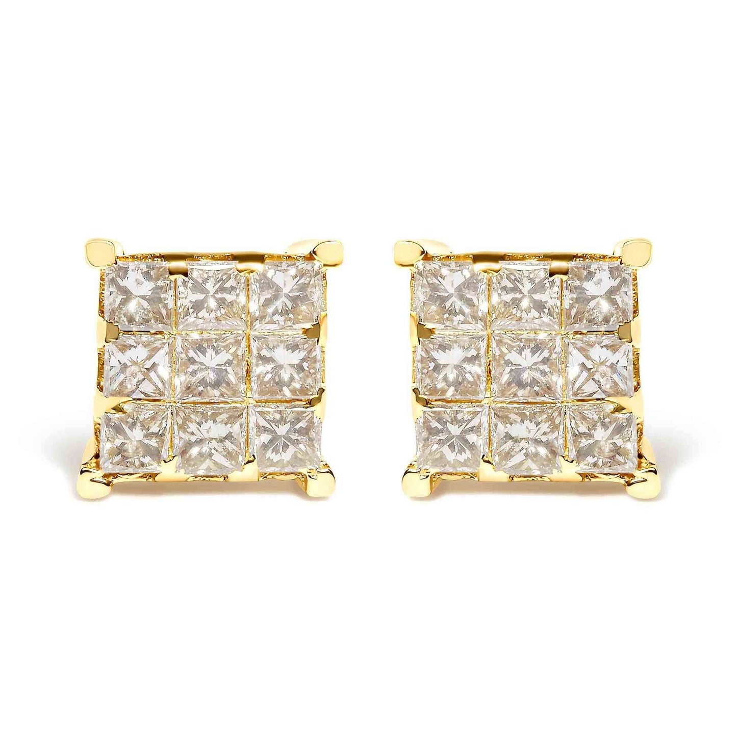 14K Yellow Gold 1 1/2 Cttw Invisible Set Princess-Cut Diamond 9 Stone Square Stud Earrings (J-K Color, SI2-I1 Clarity) - Bijoux-NYC Direct