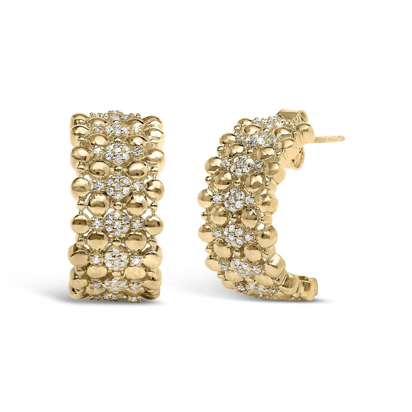 14K Yellow Gold Plated .925 Sterling Silver 1/3 Cttw Diamond and Ball Bead J Hoop Earrings (H-I Color, I1-I2 Clarity) - Bijoux-NYC Direct